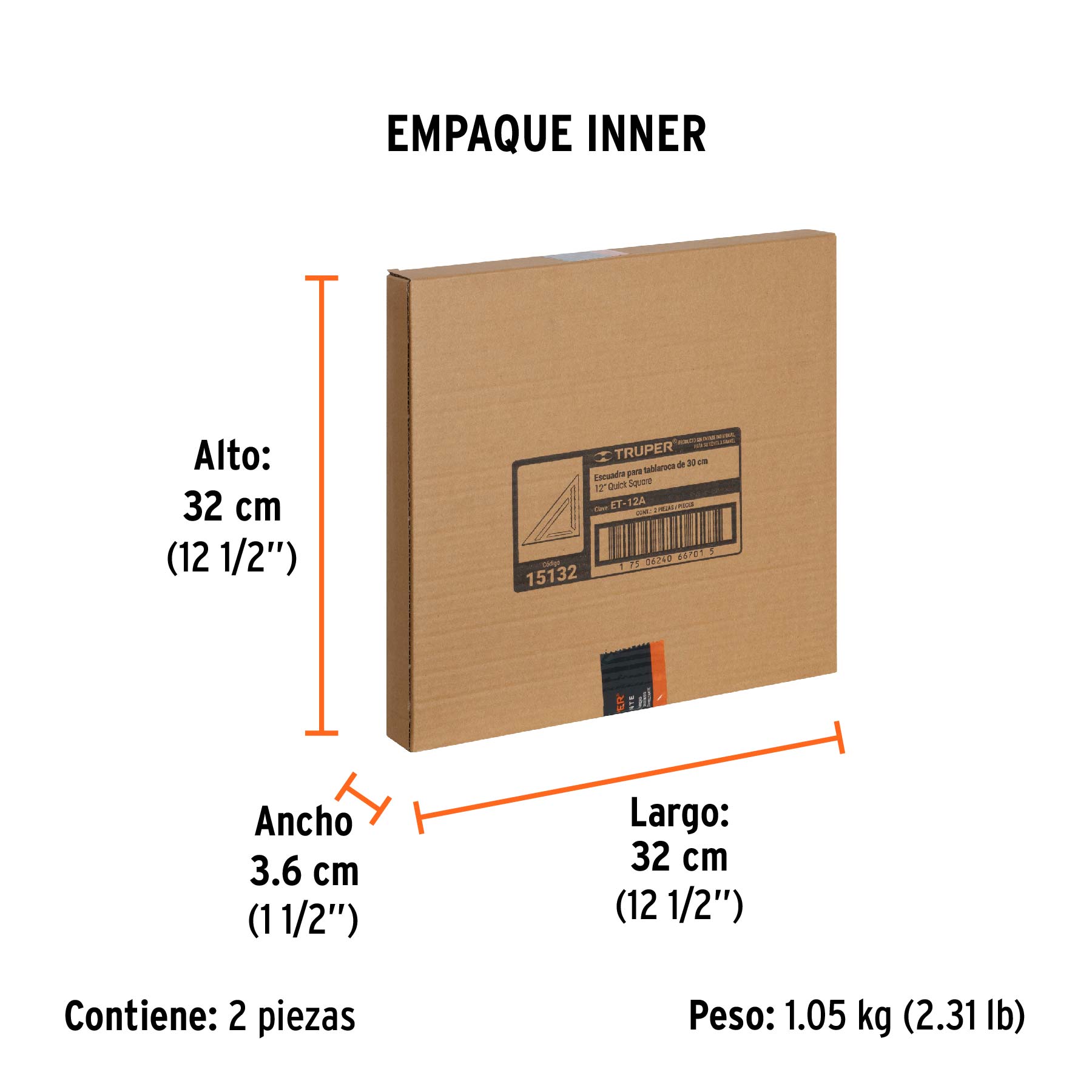 Escuadra 12" de aluminio para muros de yeso, TRUPER - Empaque