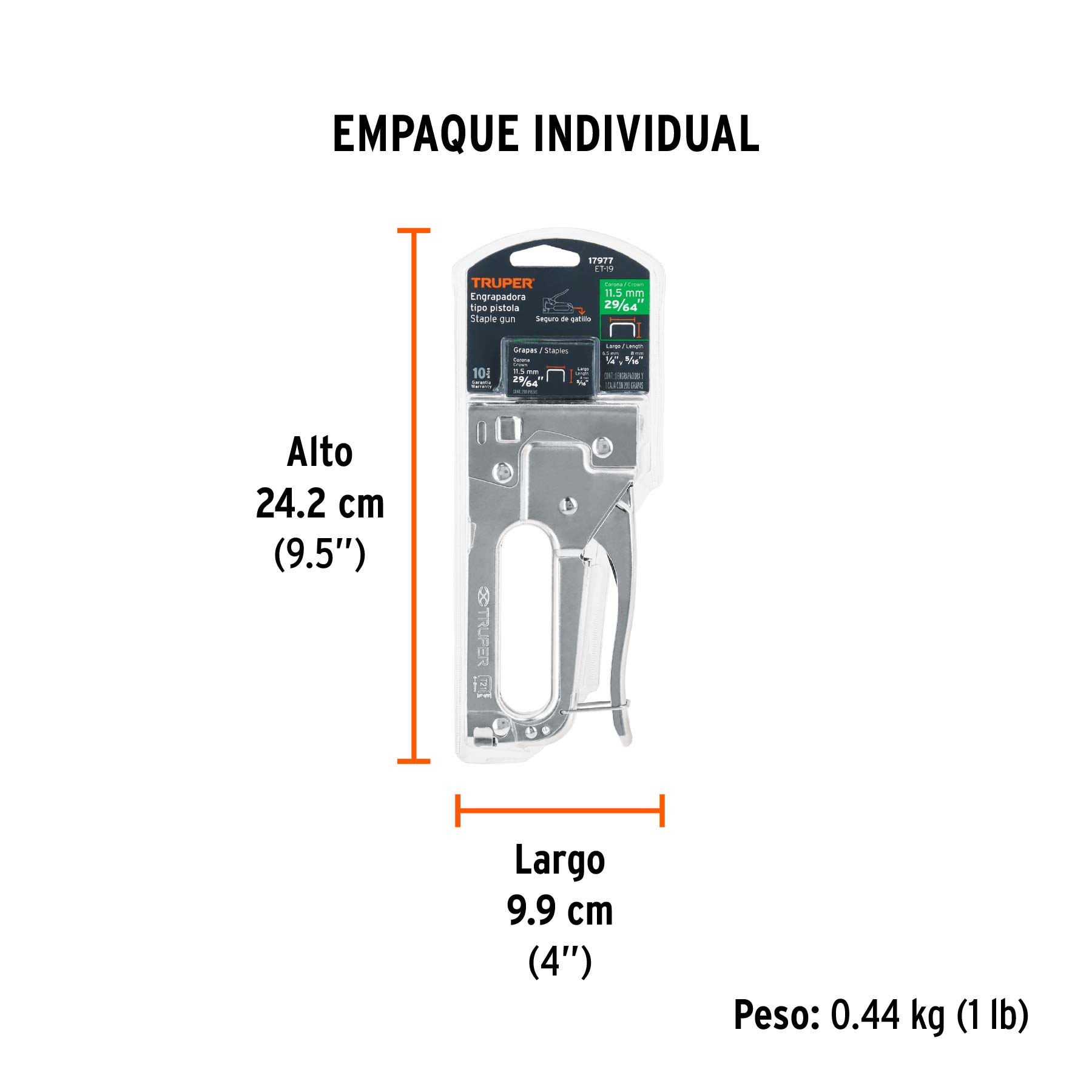 Engrapadora tipo pistola para ¼" y 5/16", con 200 grapas - Empaque