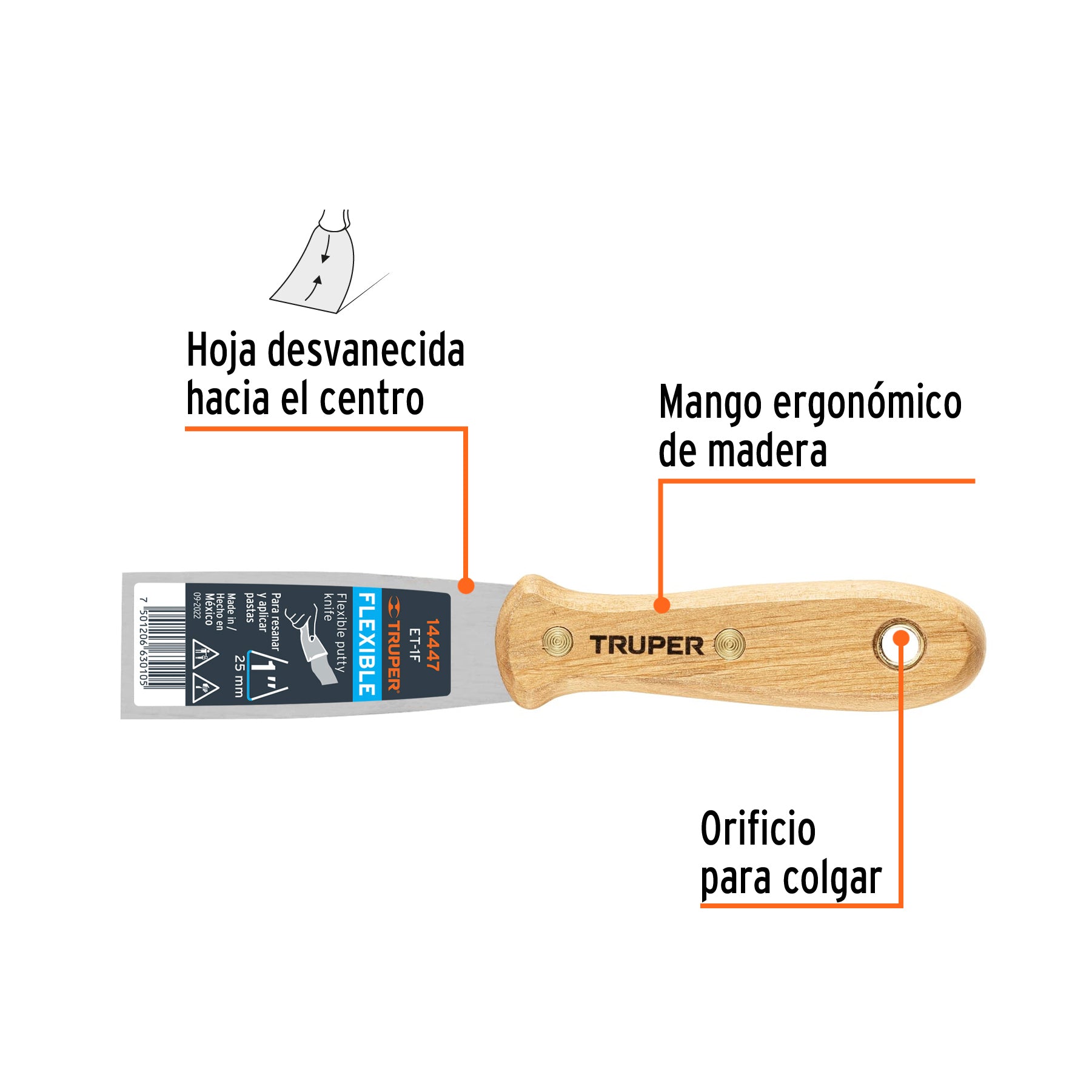 Espátula flexible 1" con mango de madera, TRUPER