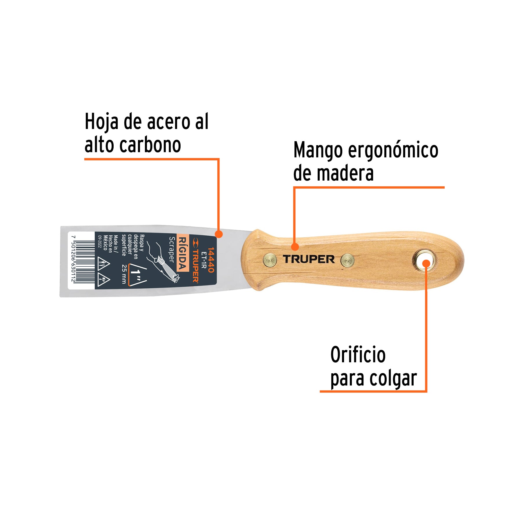Espátula rígida 1" con mango de madera, TRUPER