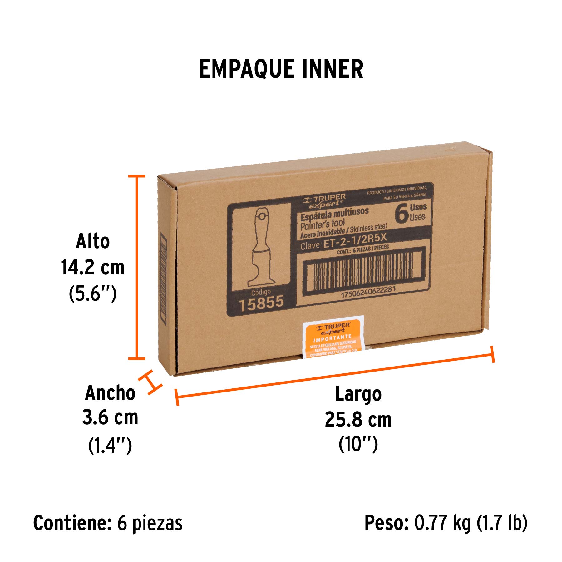 Espátula 2-1/2" de 6 usos, acero inoxidable, Comfort Grip - Empaque