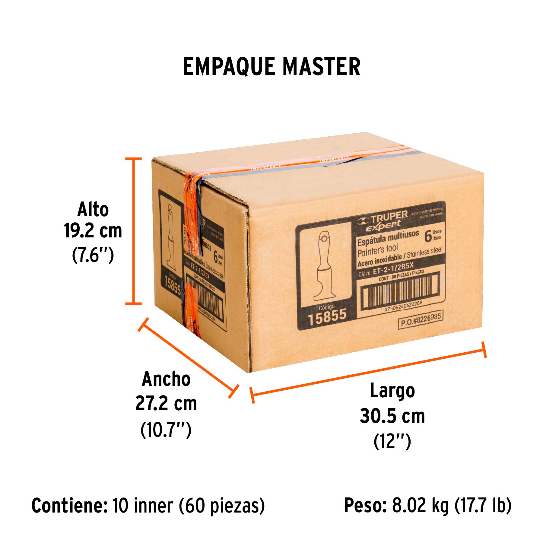Espátula 2-1/2" de 6 usos, acero inoxidable, Comfort Grip - Empaque