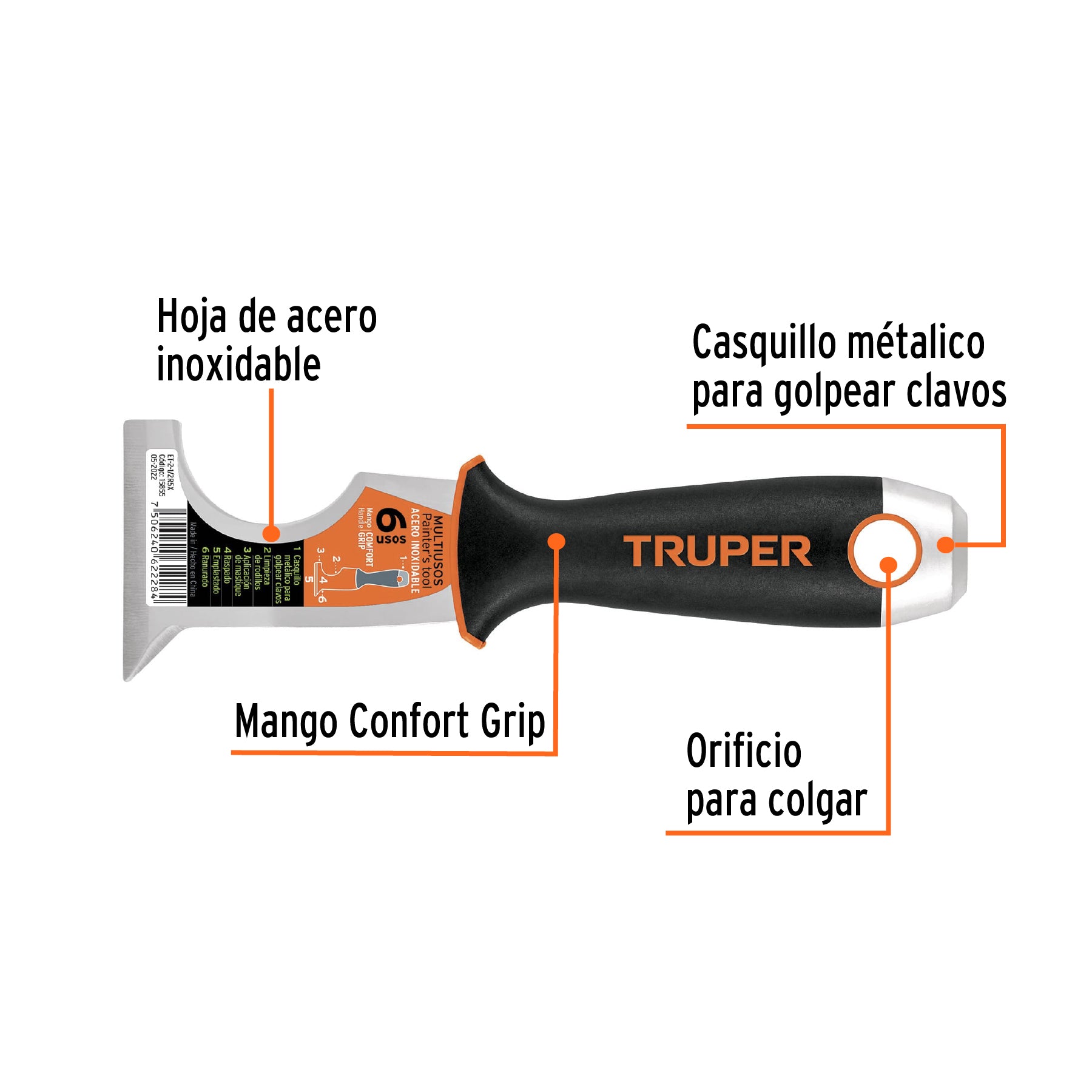 Espátula 2-1/2" de 6 usos, acero inoxidable, Comfort Grip