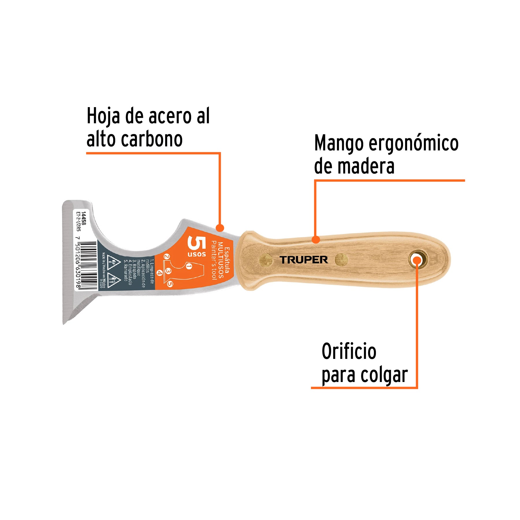 Espátula 2-1/2" de 5 usos con mango de madera, TRUPER