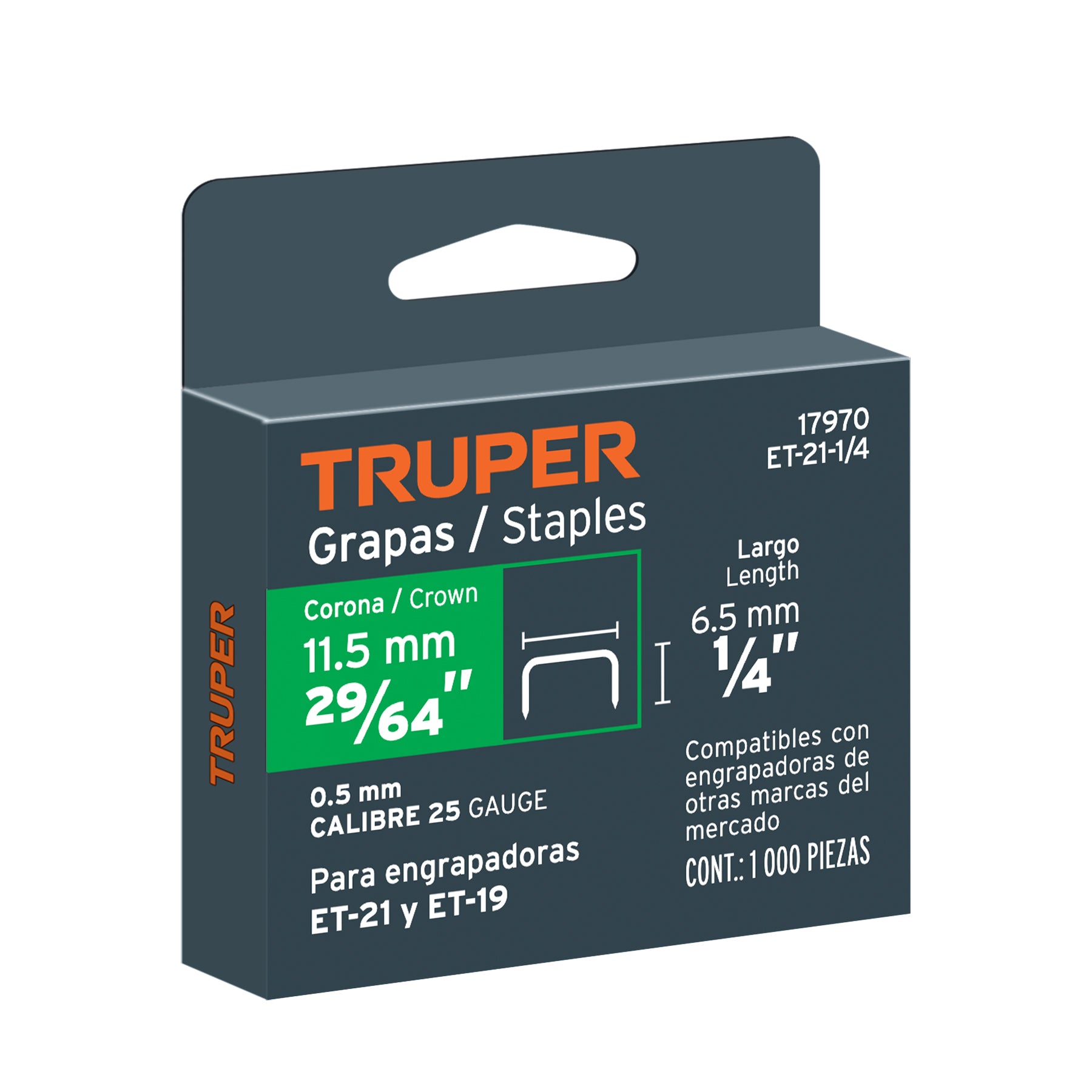 1000 grapas 1/4" corona 11.2 mm, para ET-21 y ET-19, TRUPER