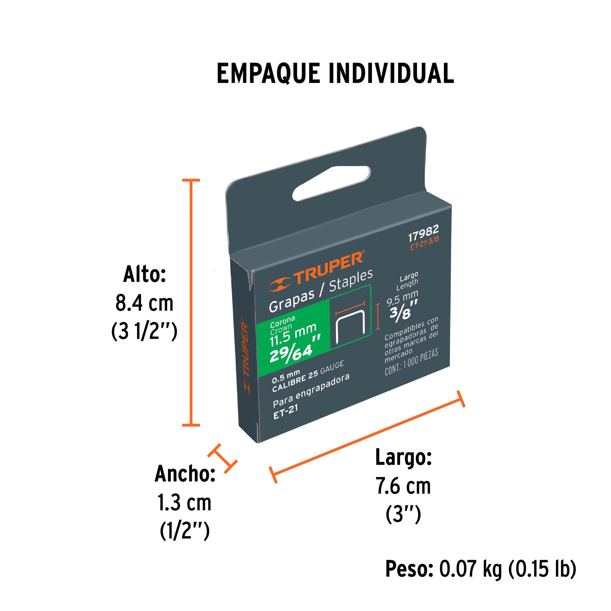 1000 grapas 3/8" corona 11.2 mm, para ET-21, TRUPER - Empaque