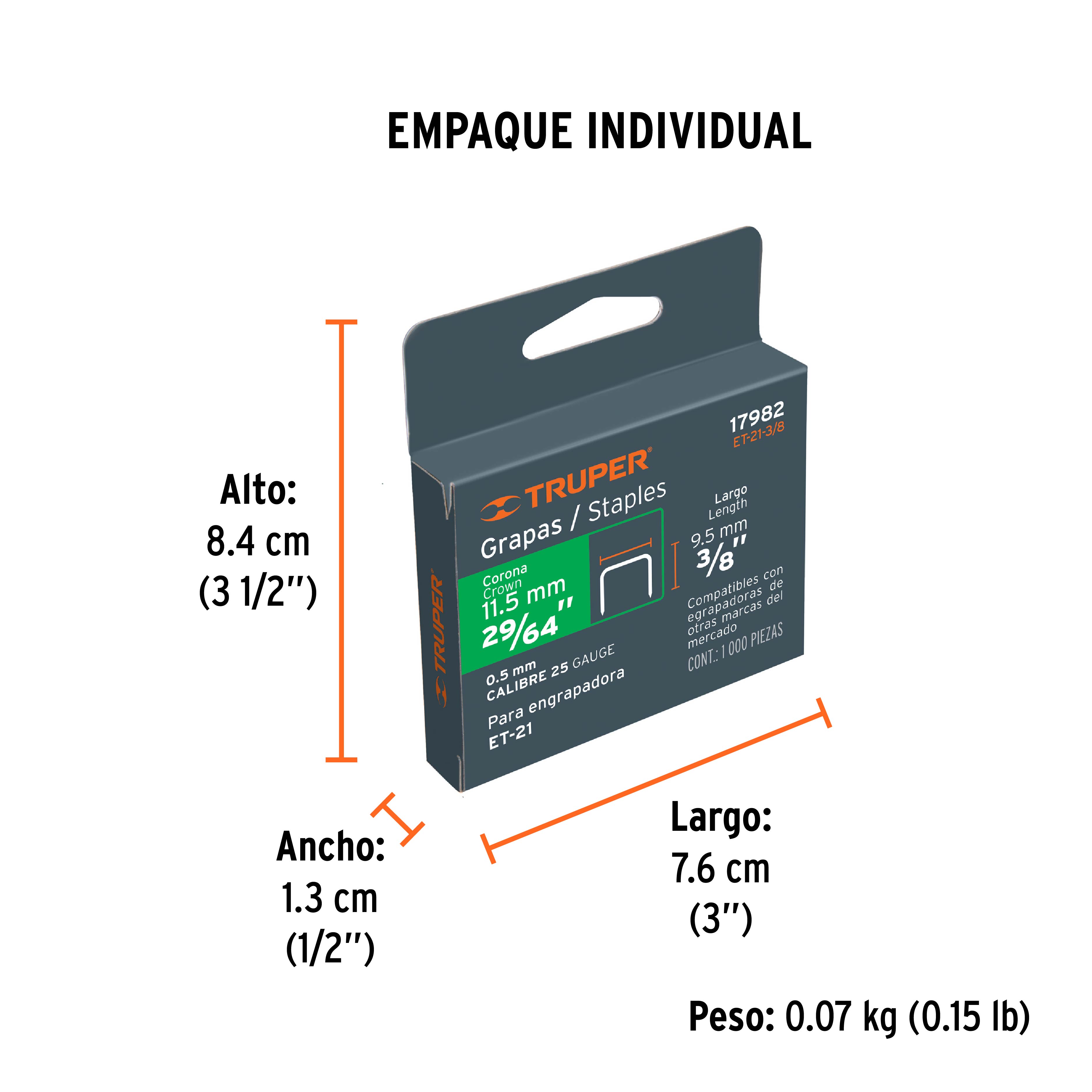 1000 grapas 3/8" corona 11.2 mm, para ET-21, TRUPER - Empaque