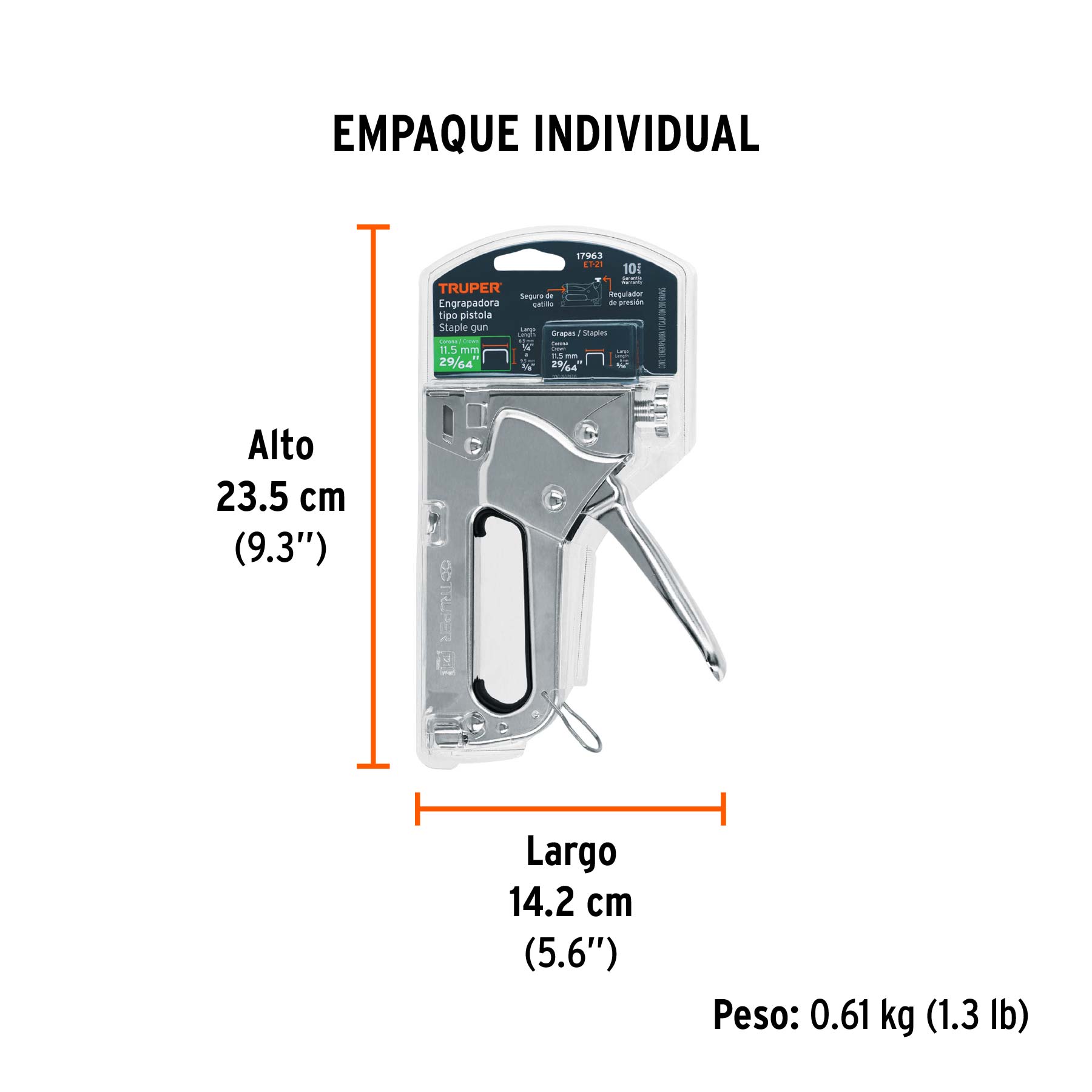 Engrapadora tipo pistola para ¼",5/16", 3/8", con 200 grapas - Empaque