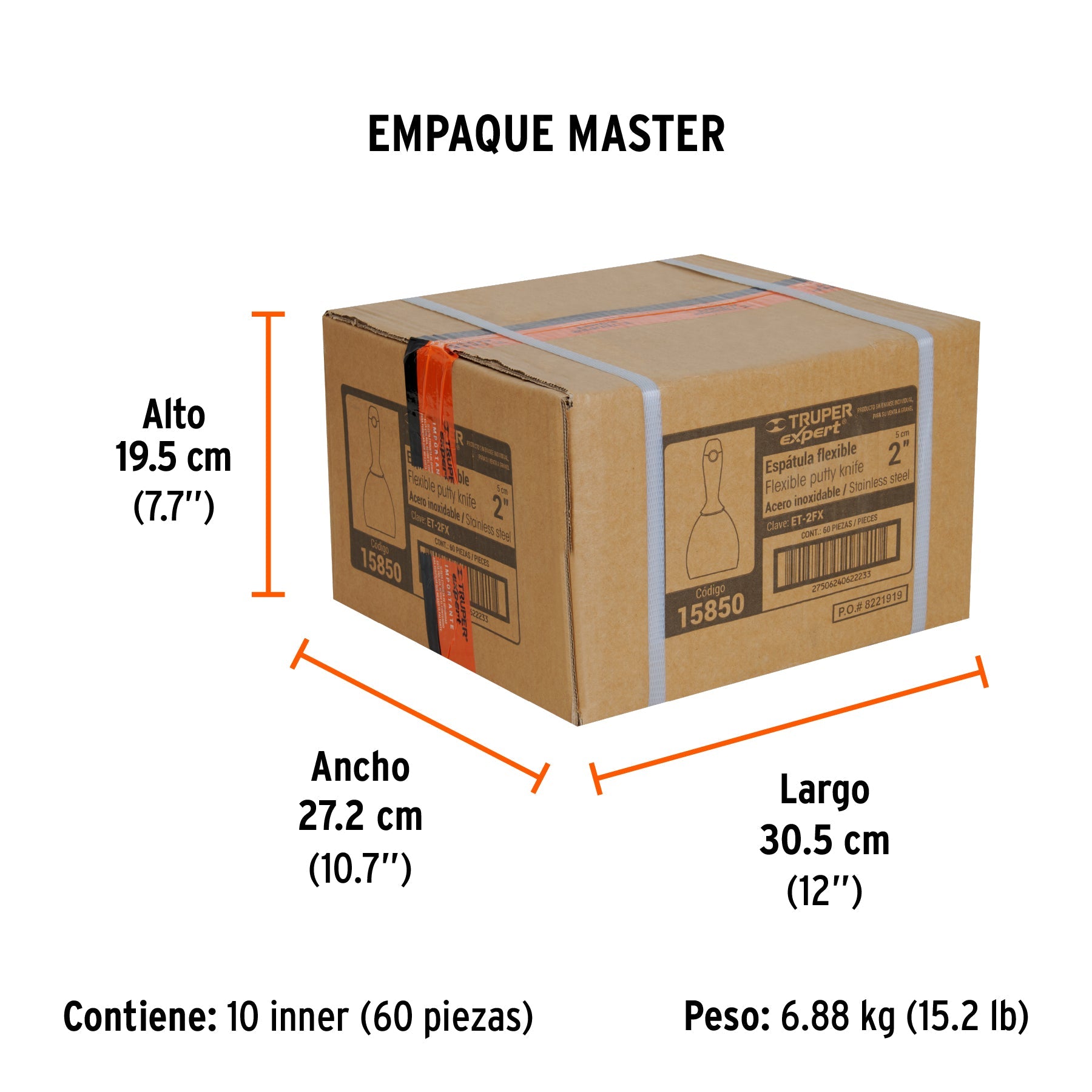 Espátula flexible 2" acero inoxidable, Comfort Grip, EXPERT - Empaque