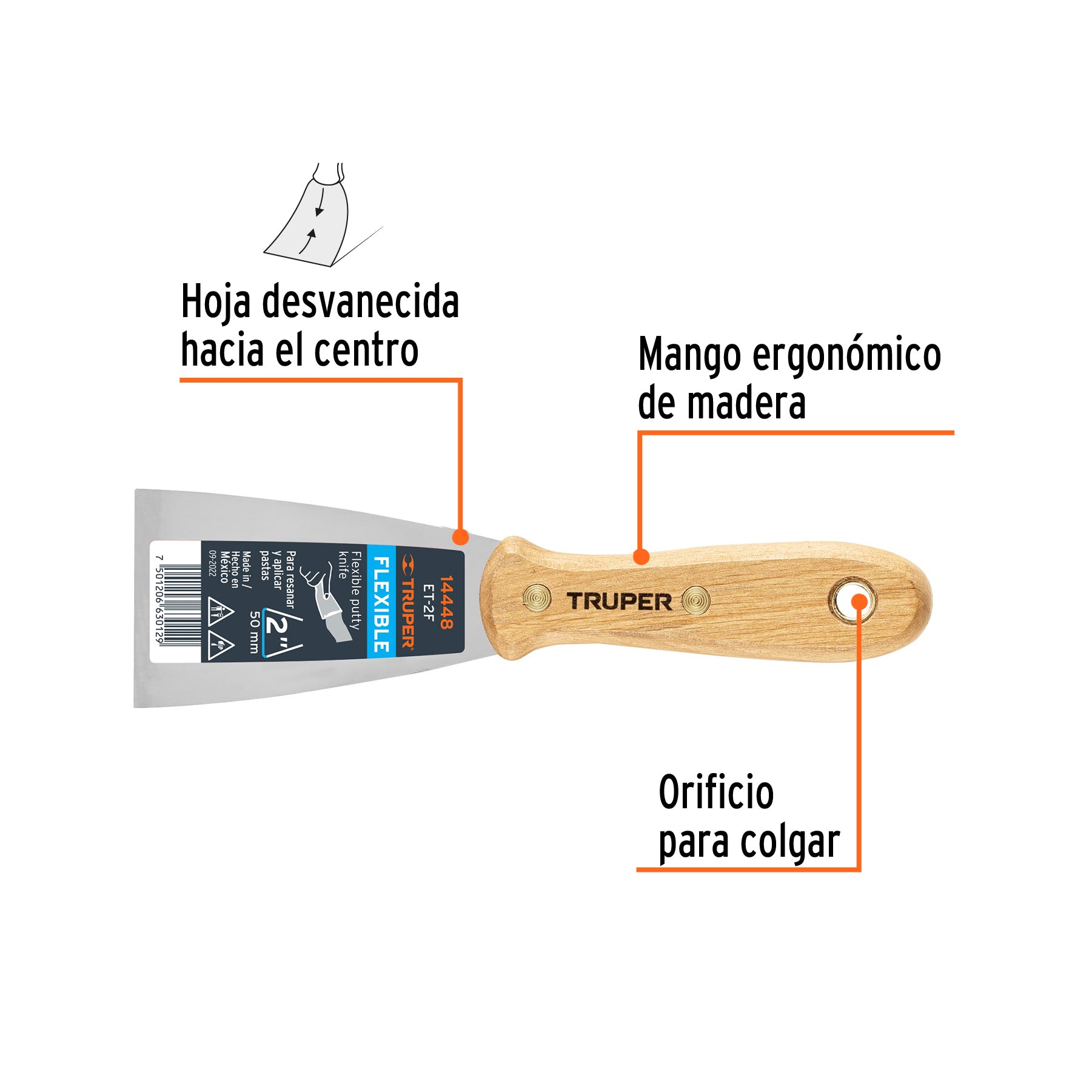Espátula flexible 2" con mango de madera, TRUPER
