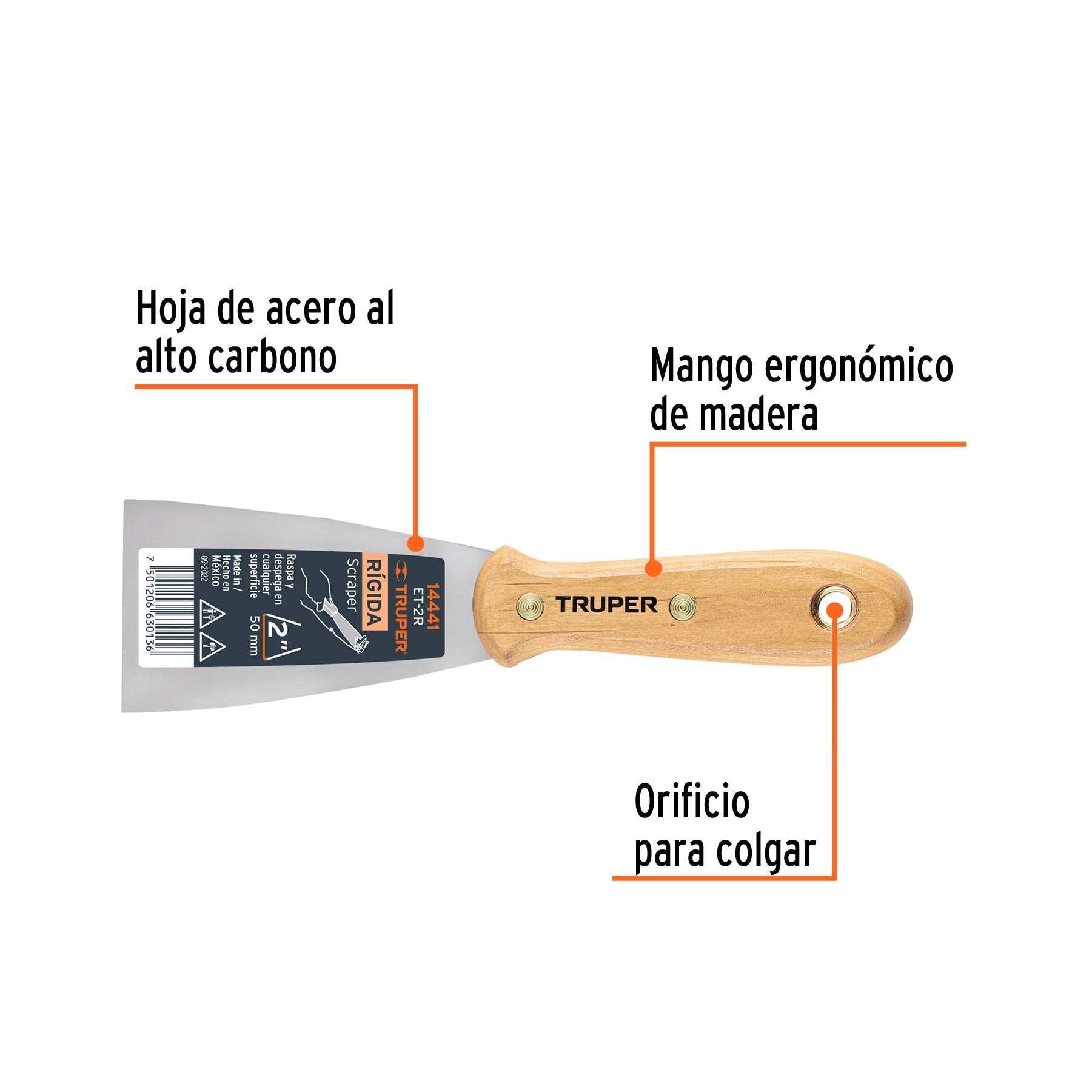 Espátula rígida 2" con mango de madera, TRUPER