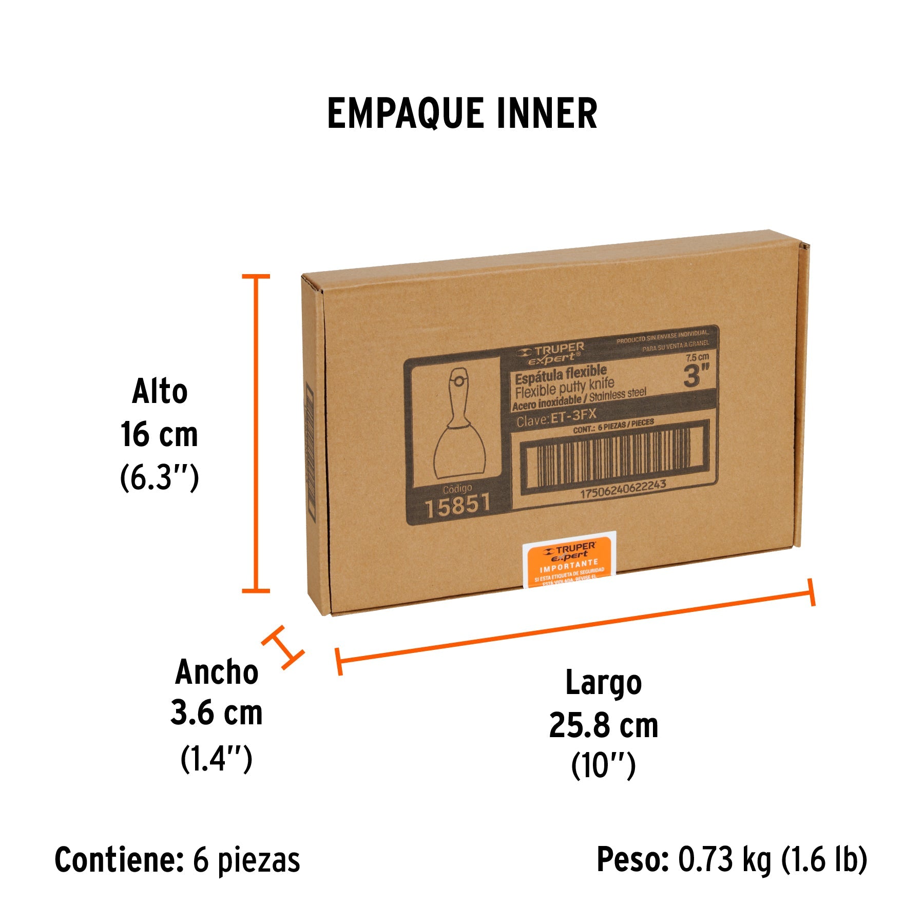 Espátula flexible 3" acero inoxidable, Comfort Grip, EXPERT - Empaque