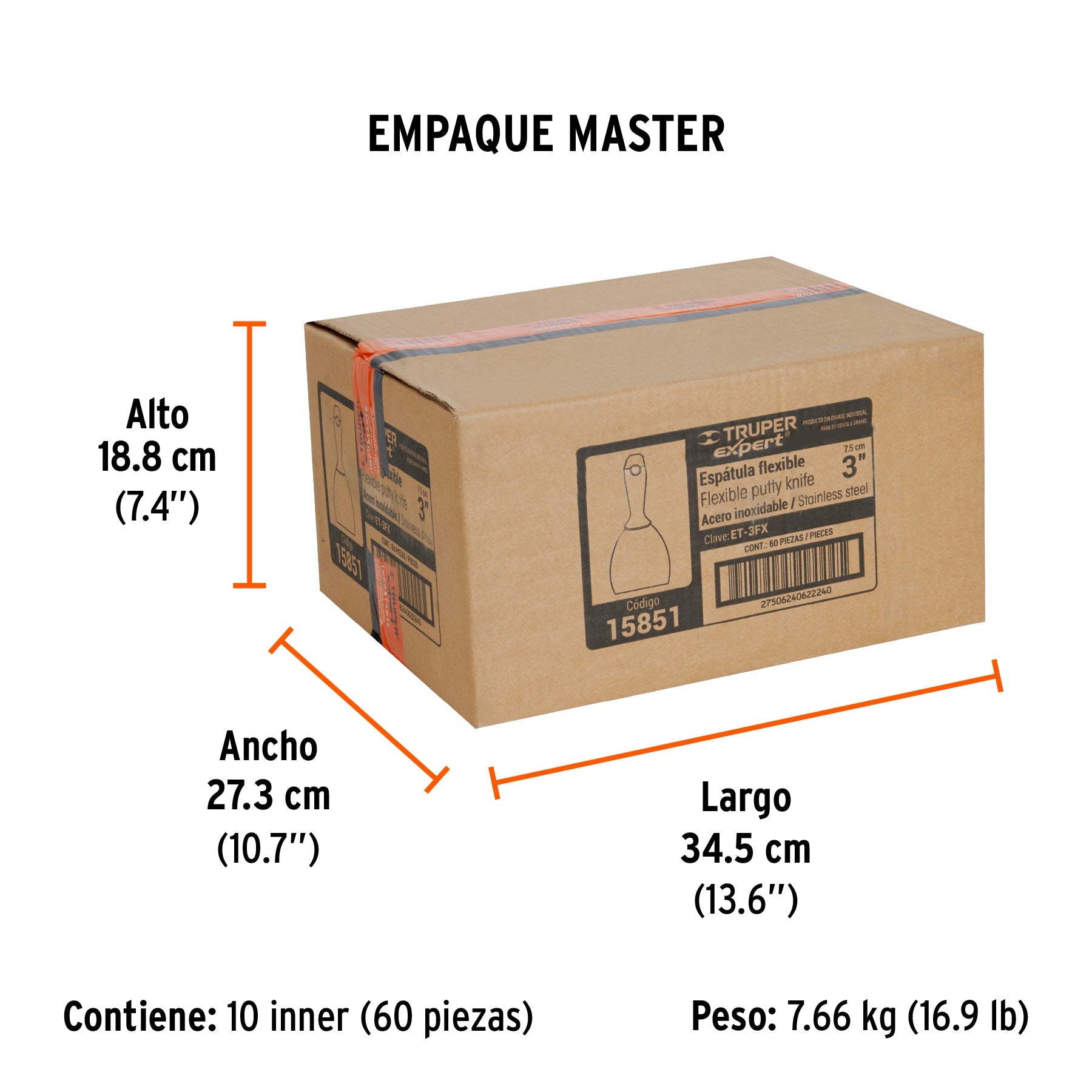 Espátula flexible 3" acero inoxidable, Comfort Grip, EXPERT - Empaque