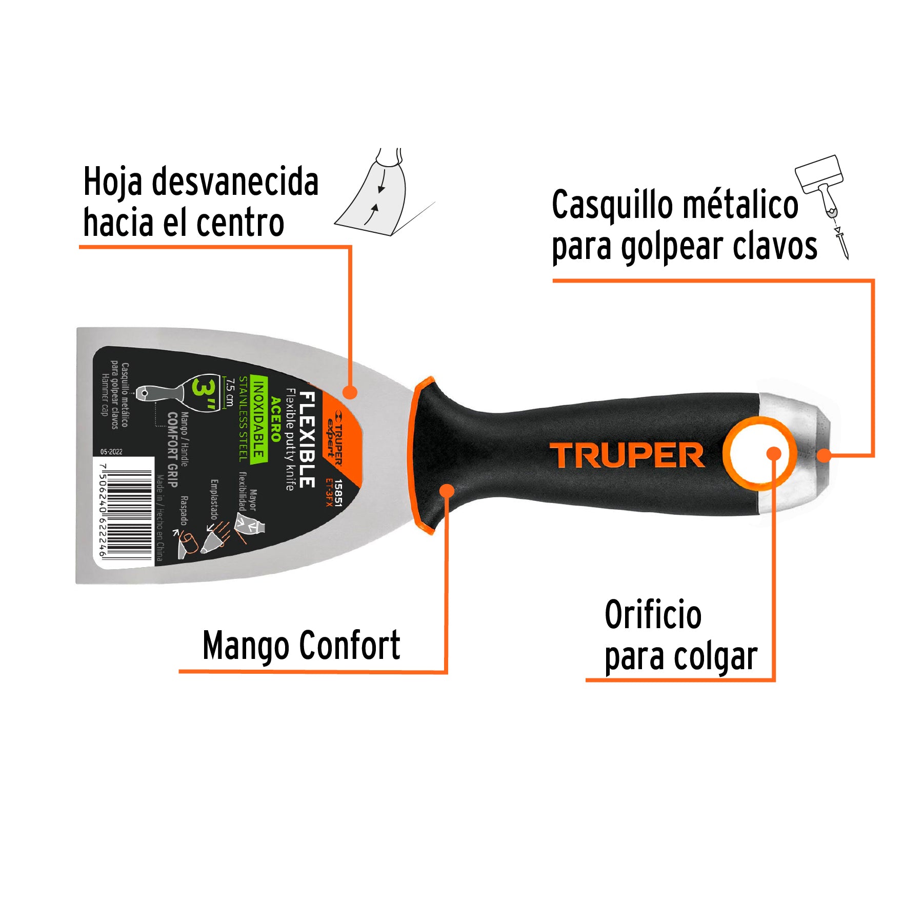 Espátula flexible 3" acero inoxidable, Comfort Grip, EXPERT