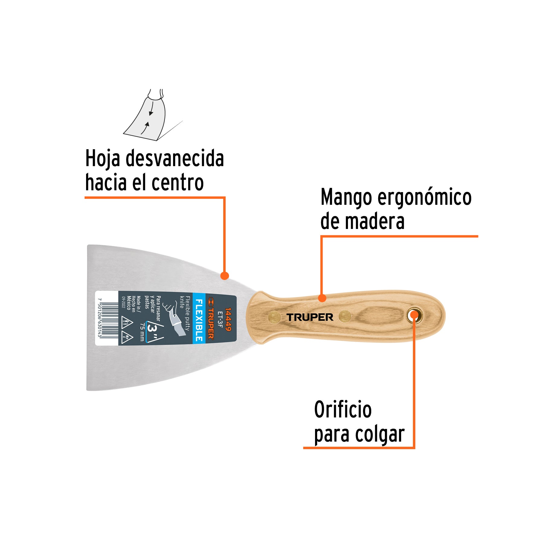 Espátula flexible 3" con mango de madera, TRUPER