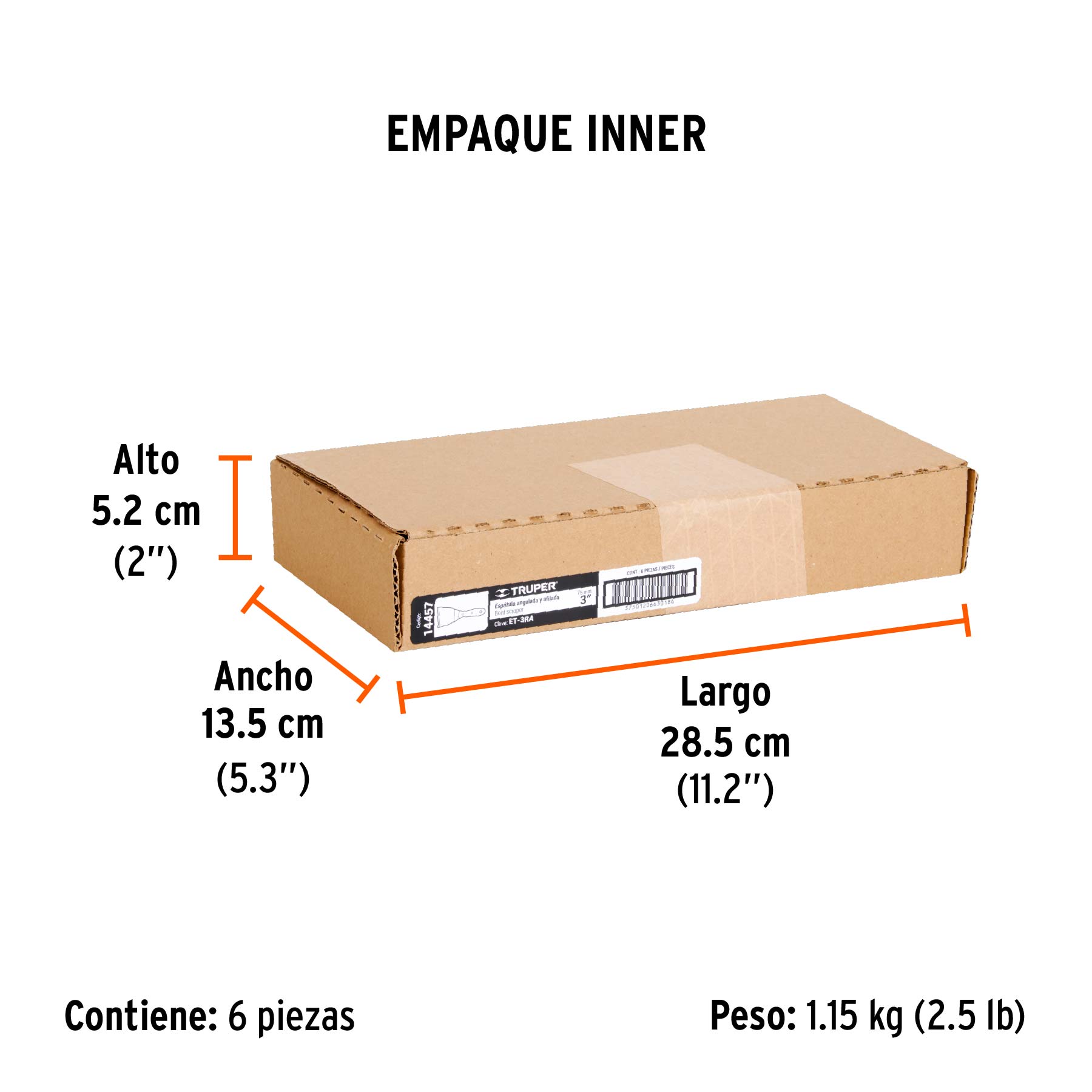 Espátula afilada y angulada 3" con mango de madera, TRUPER - Empaque