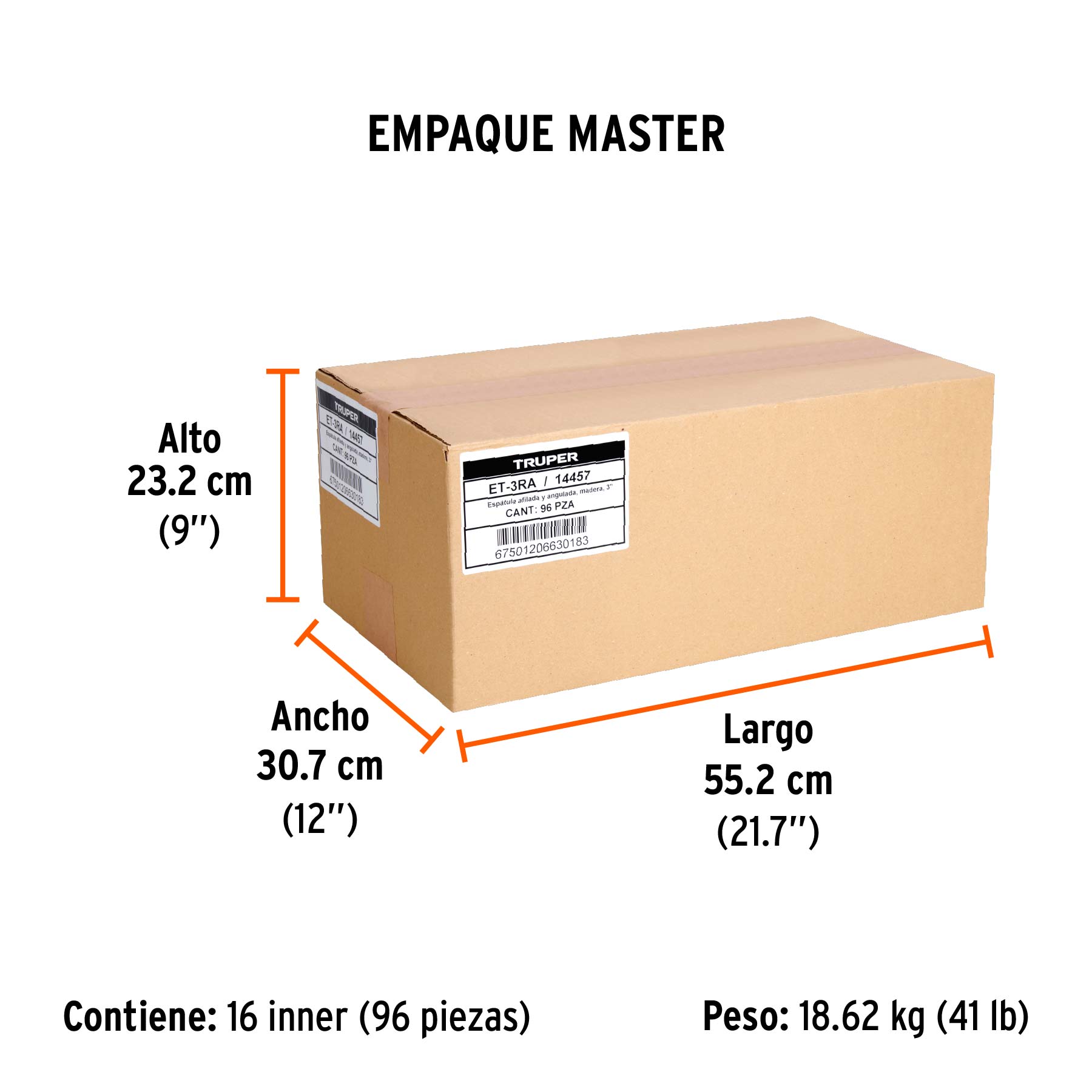 Espátula afilada y angulada 3" con mango de madera, TRUPER - Empaque