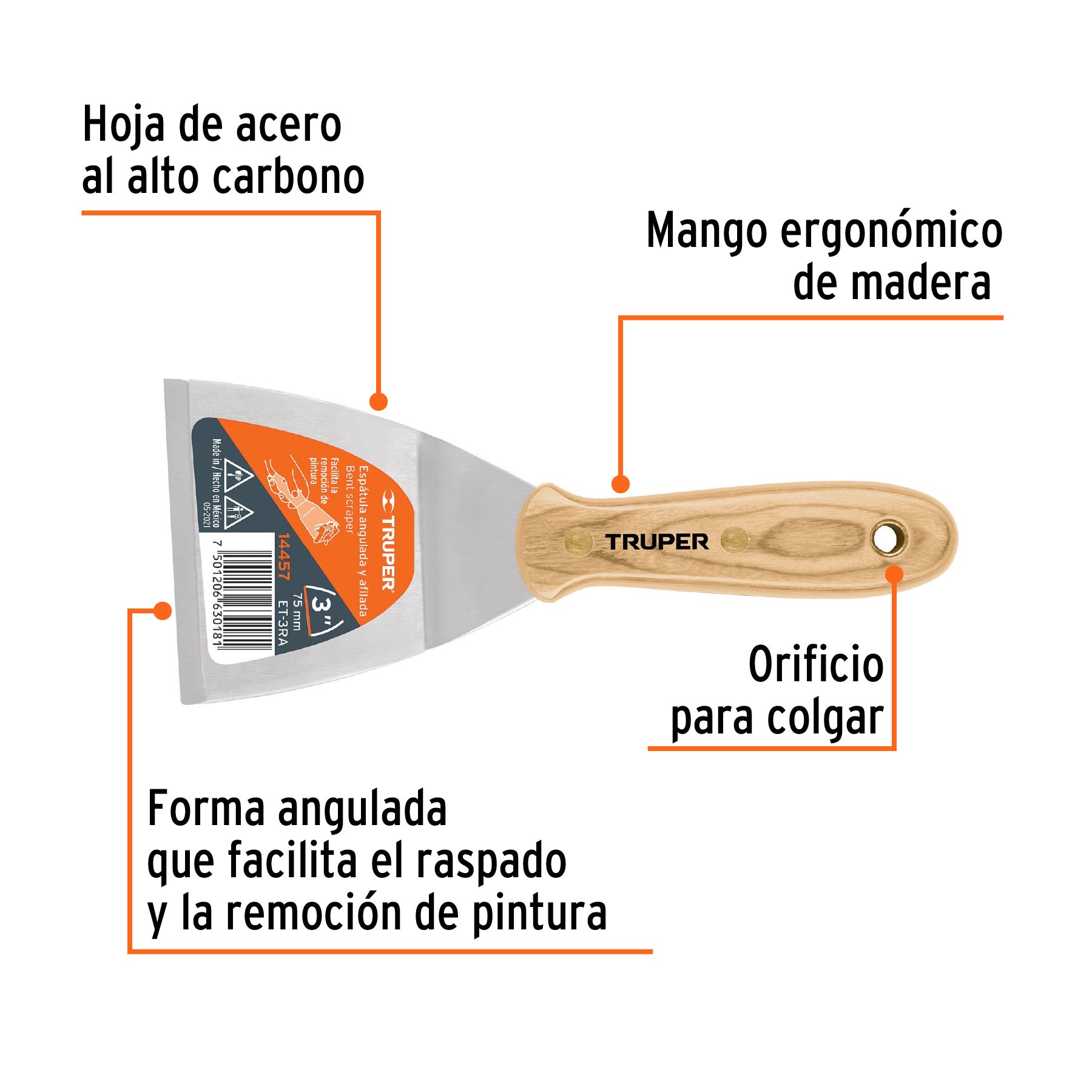 Espátula afilada y angulada 3" con mango de madera, TRUPER