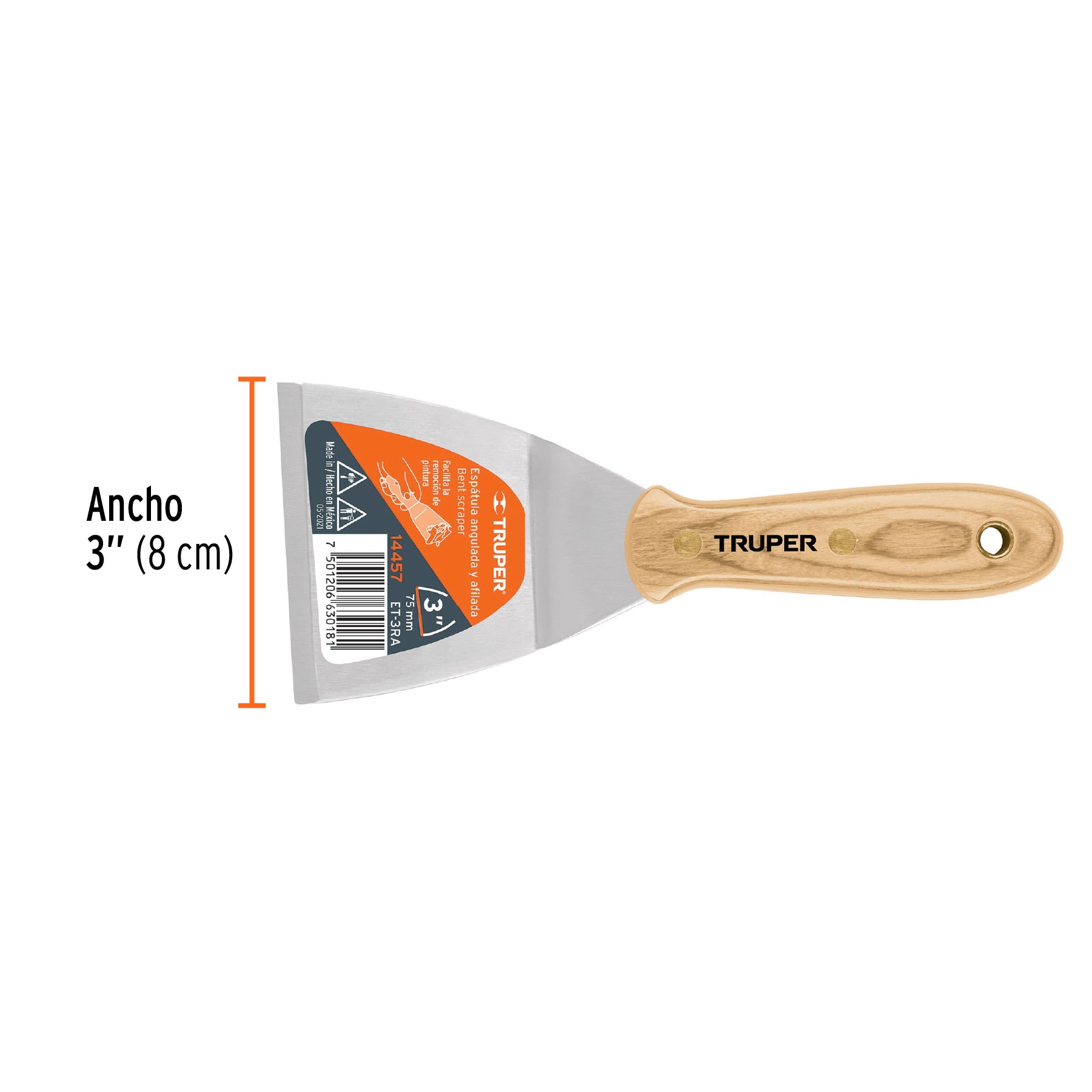 Espátula afilada y angulada 3" con mango de madera, TRUPER
