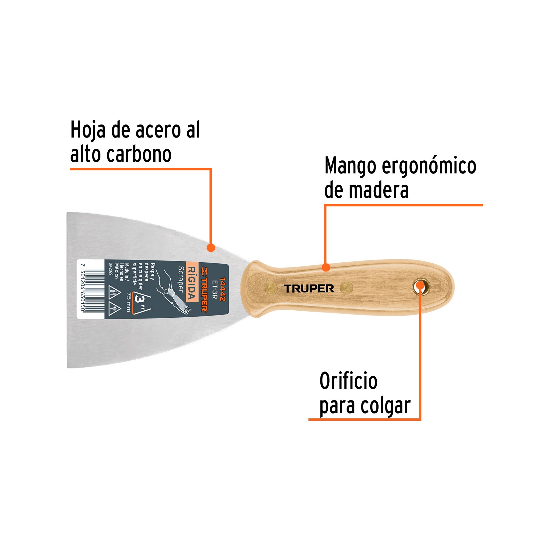 Espátula rígida 3" con mango de madera, TRUPER