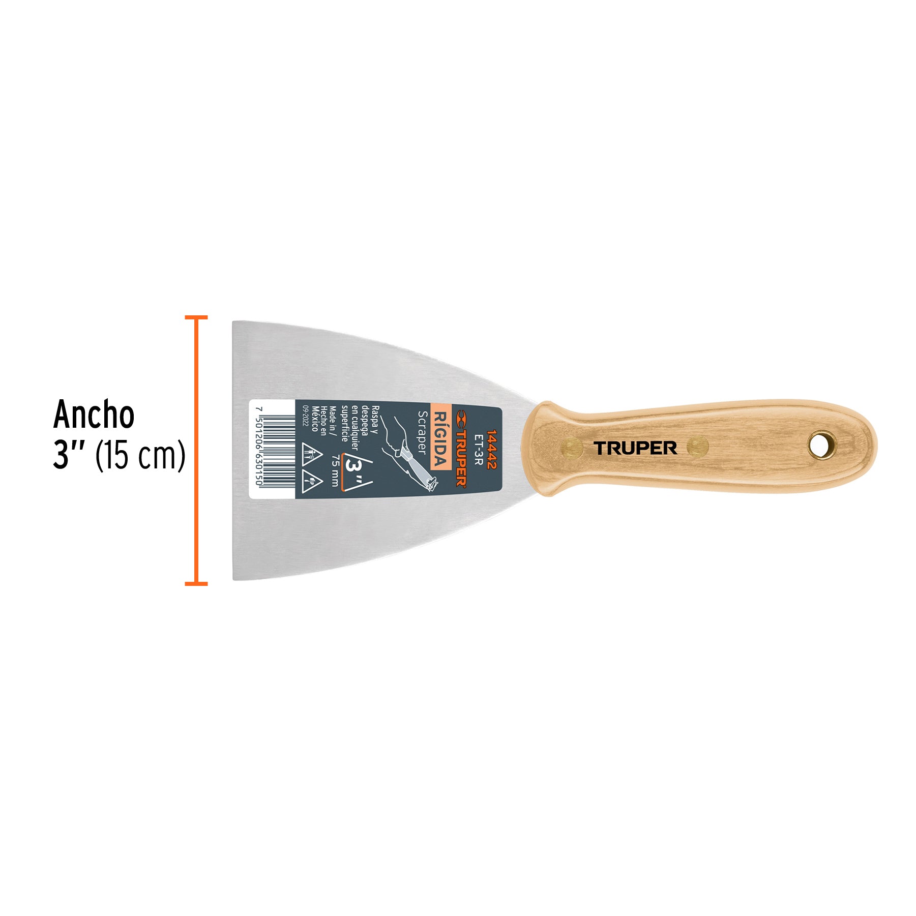 Espátula rígida 3" con mango de madera, TRUPER