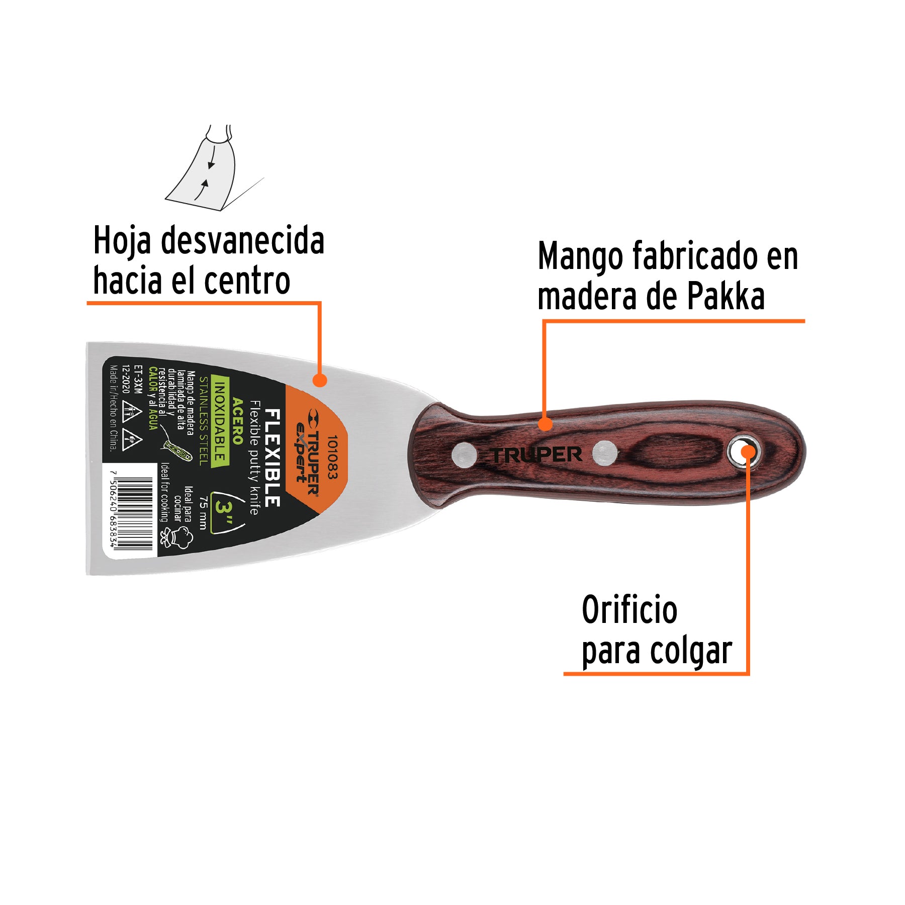 Espátula 3" acero inoxidable con mango de madera, EXPERT