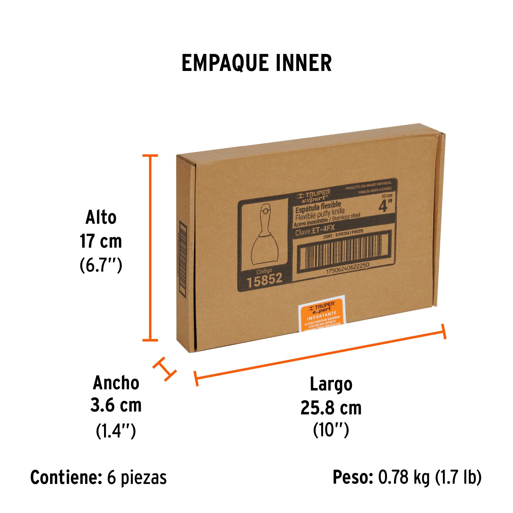 Espátula flexible 4" acero inoxidable, Comfort Grip, EXPERT - Empaque