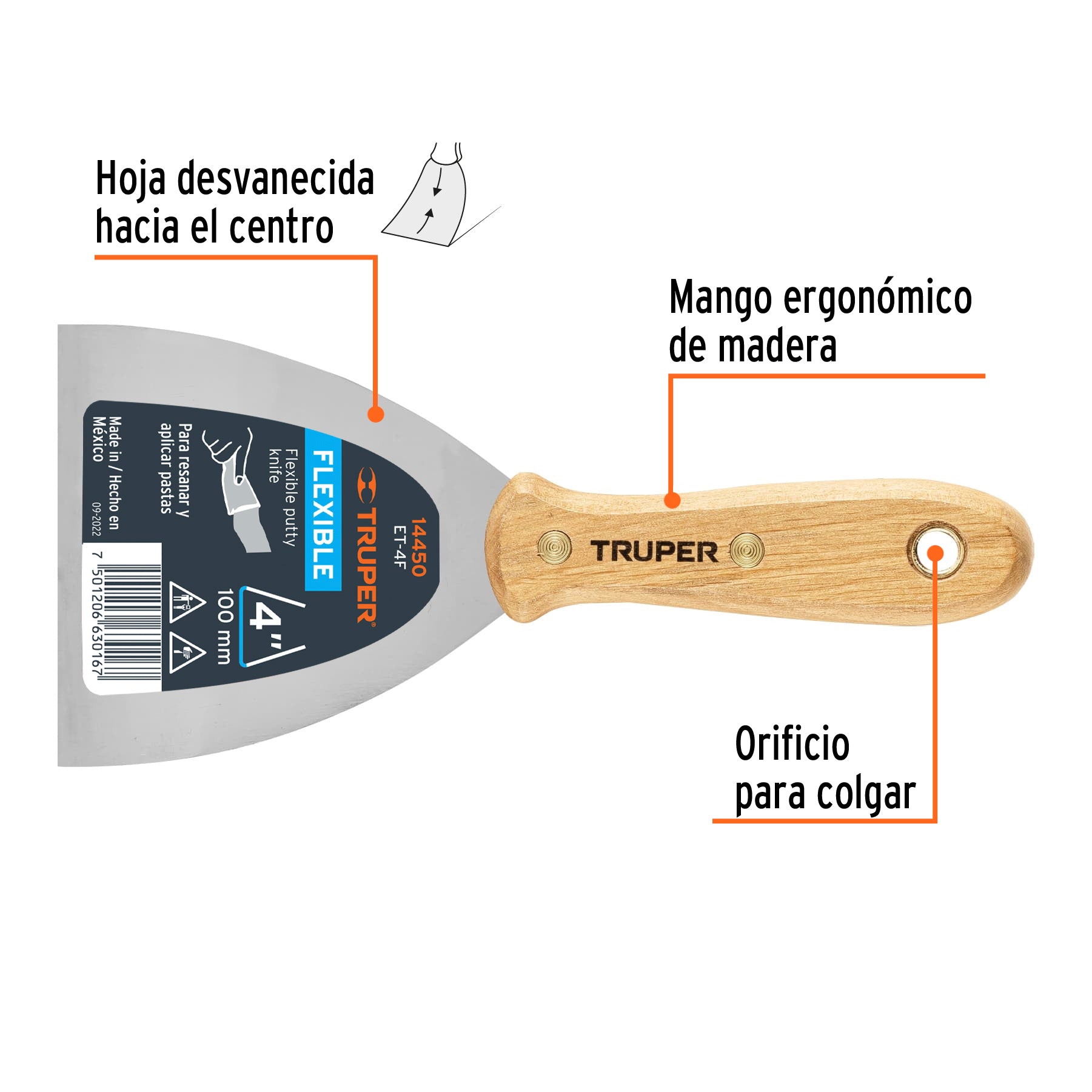 Espátula flexible 4" con mango de madera, TRUPER