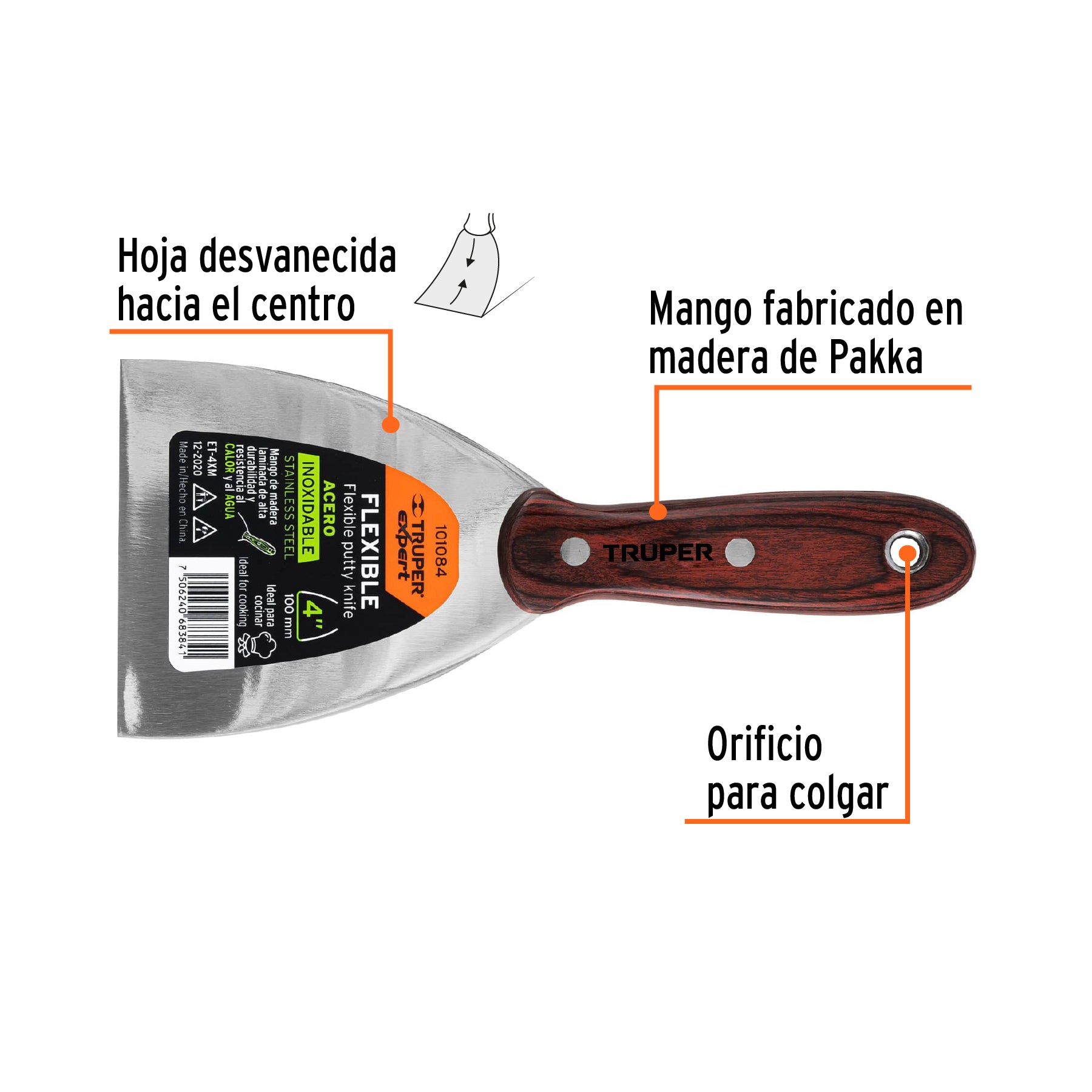 Espátula 4" acero inoxidable con mango de madera, EXPERT