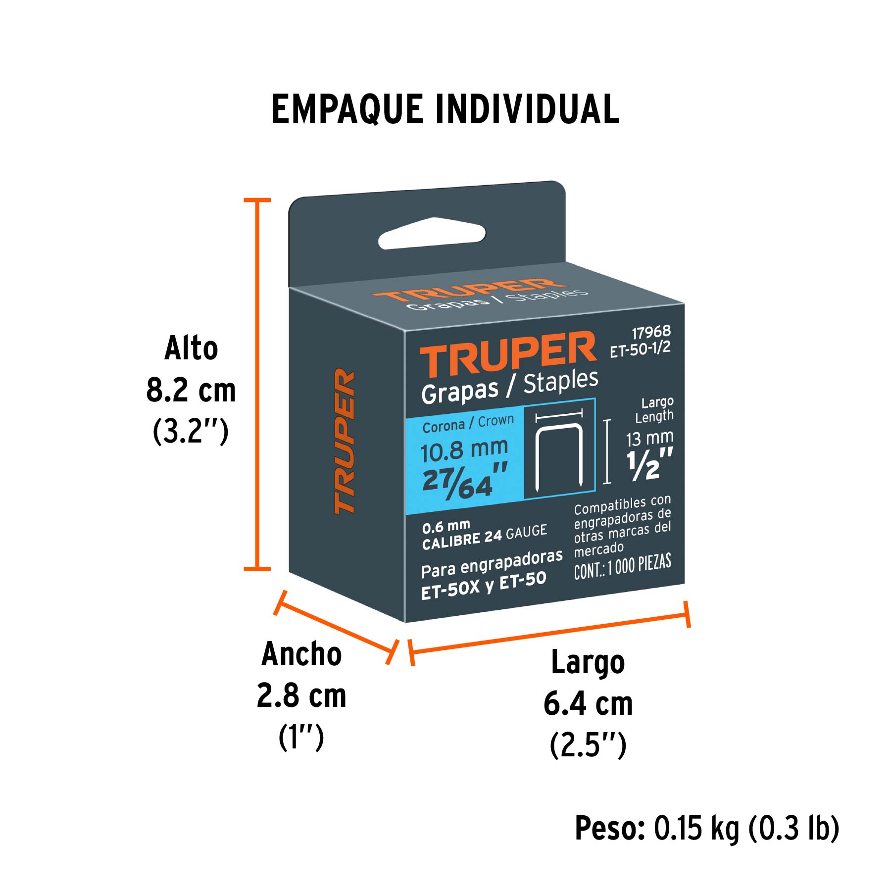 1000 grapas 1/2" corona 10.6 mm, para ET-50X y ET-50, TRUPER - Empaque