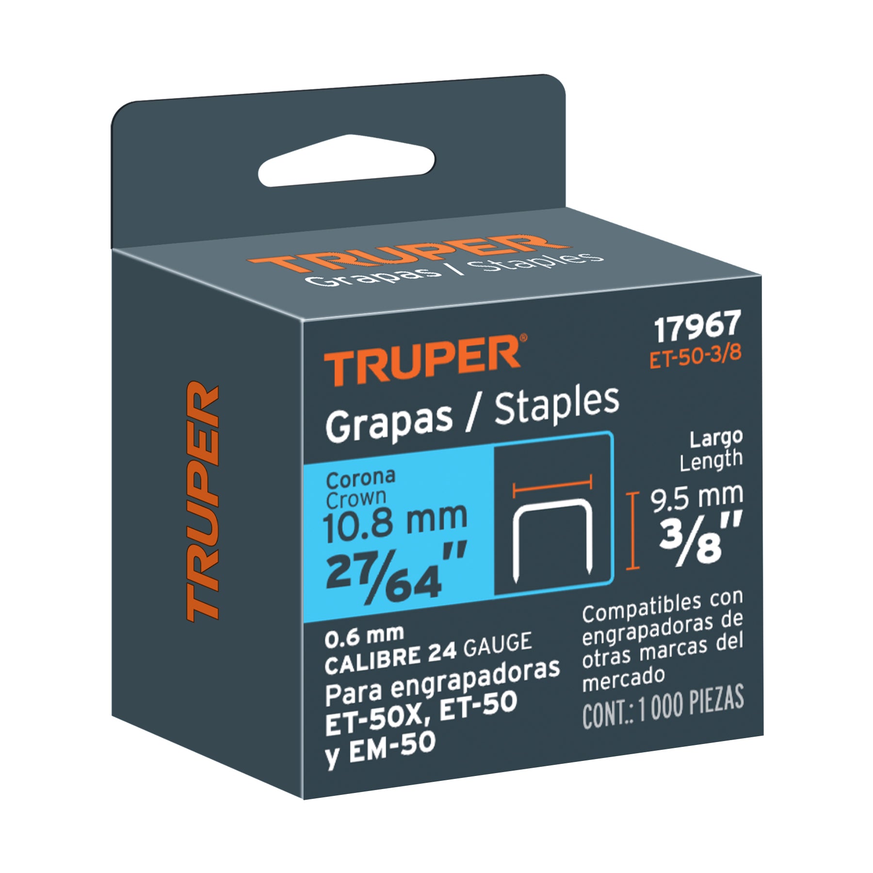 1000 grapas 3/8" corona 10.6mm, para ET-50X, ET-50 y EM-50