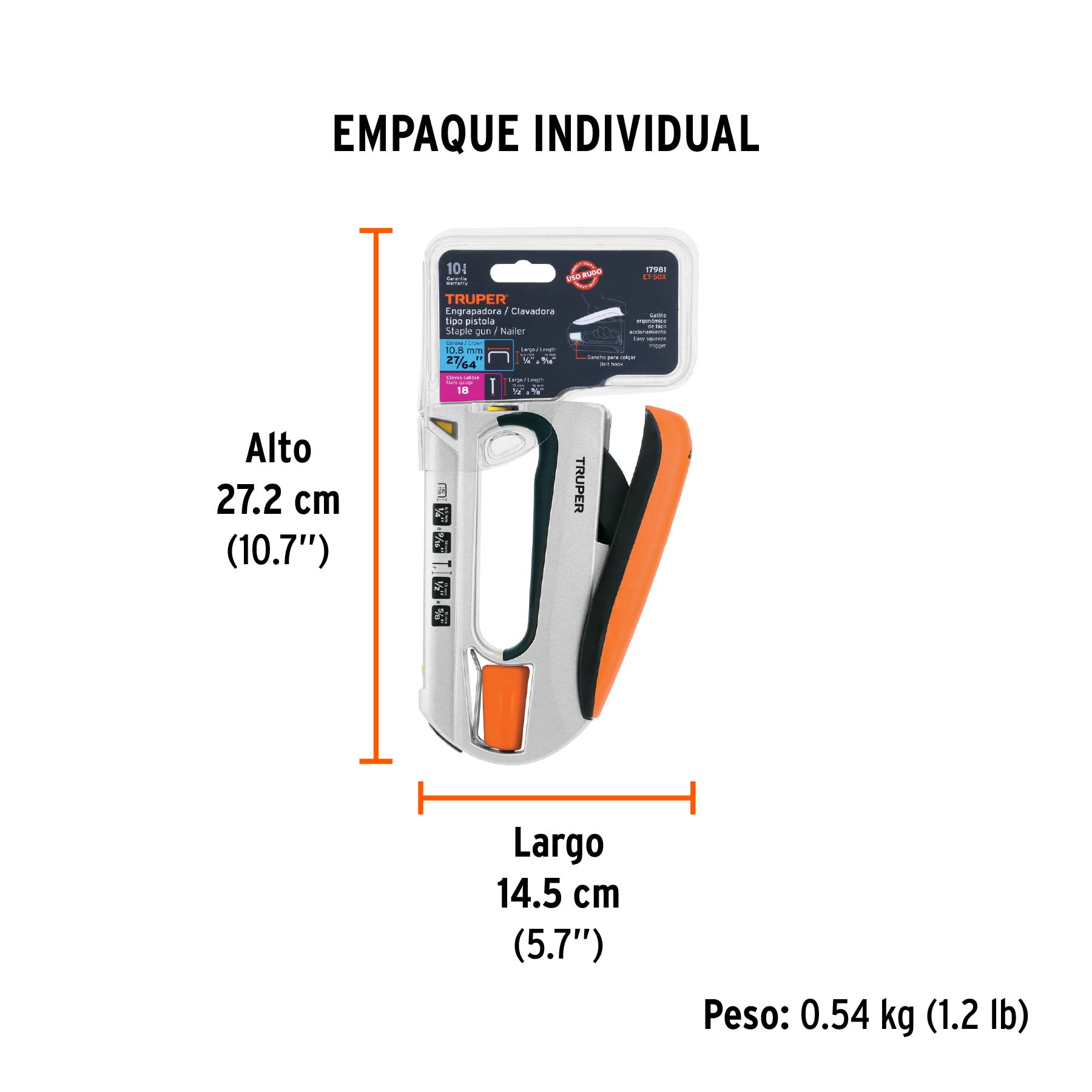 Engrapadora / clavadora tipo pistola uso rudo, TRUPER - Empaque