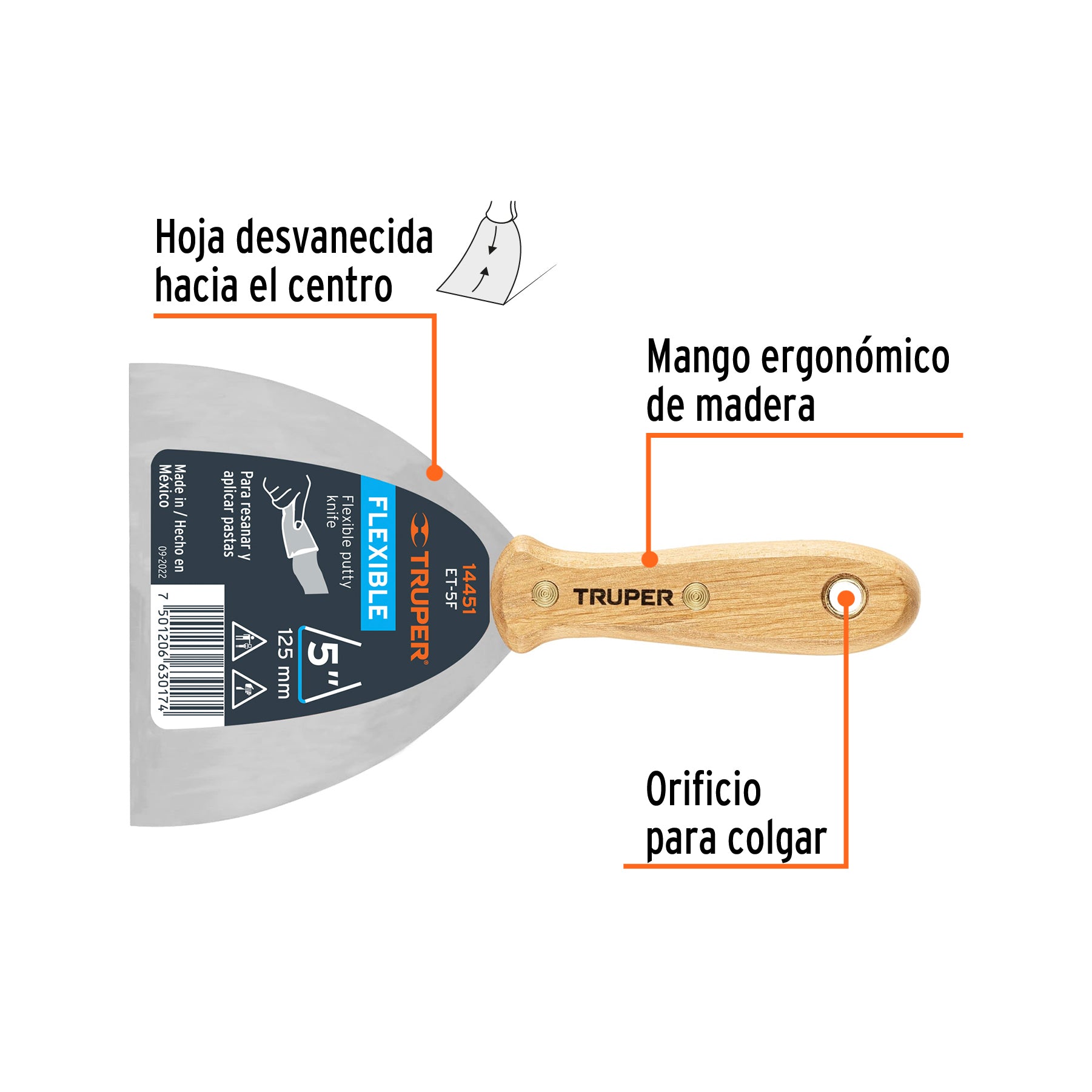 Espátula flexible 5" con mango de madera, TRUPER