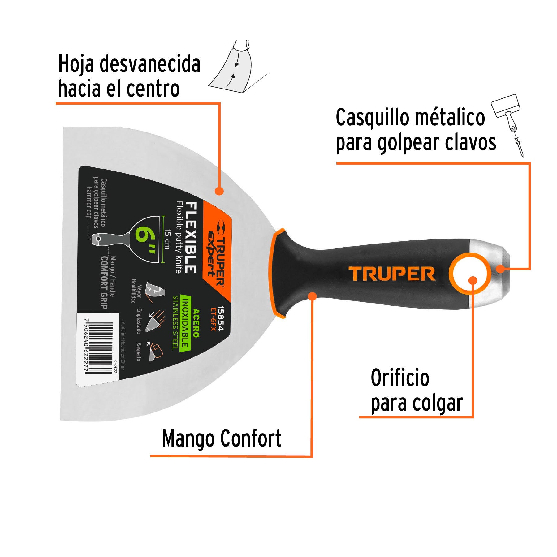 Espátula flexible 6" acero inoxidable, Comfort Grip, EXPERT