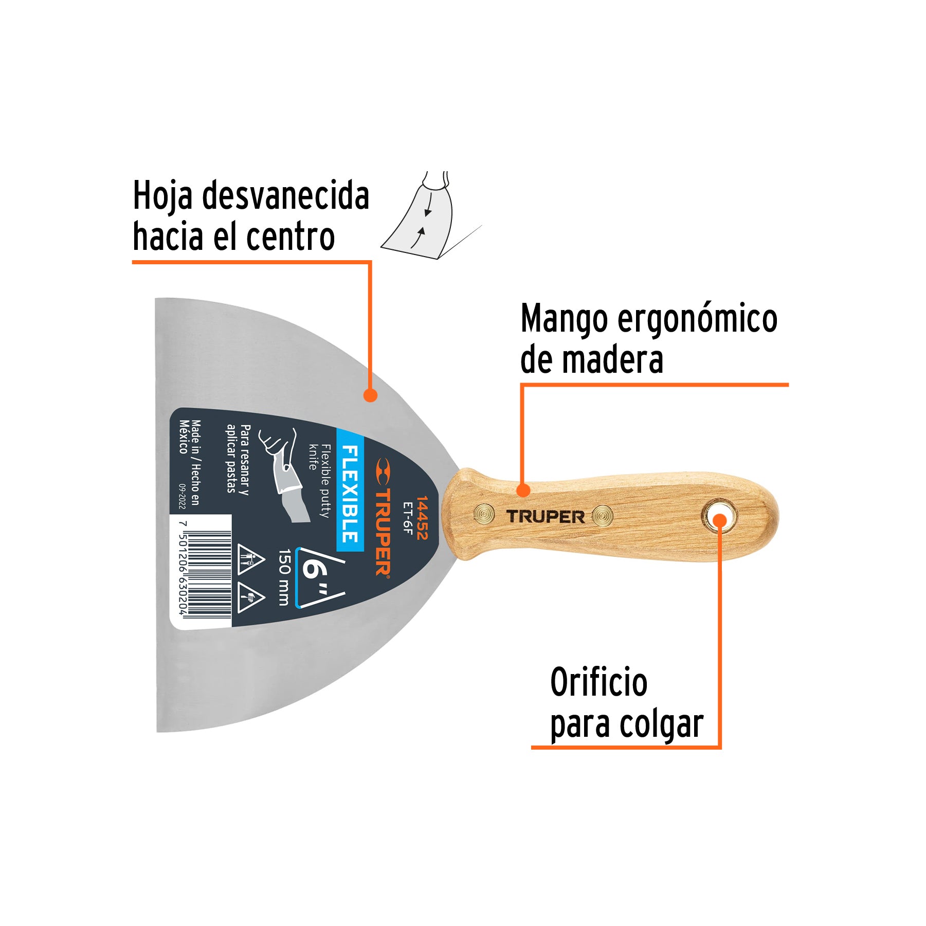 Espátula flexible 6" con mango de madera, TRUPER