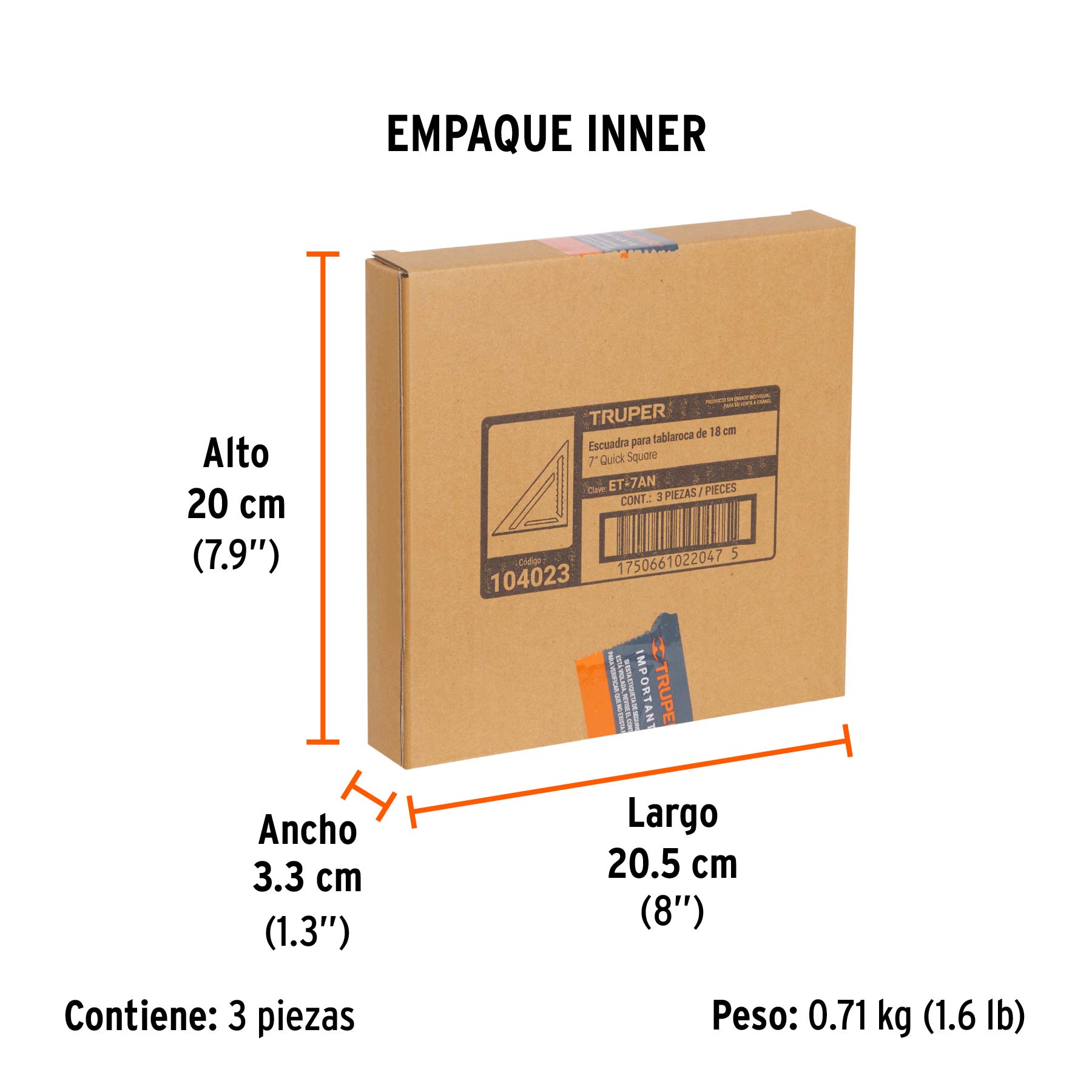 Escuadra 7", aluminio color negro, para muro de yeso, TRUPER - Empaque