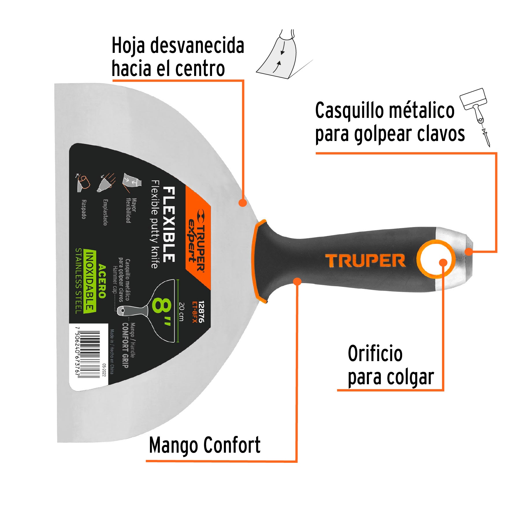 Espátula flexible 8" acero inoxidable, Comfort Grip, EXPERT