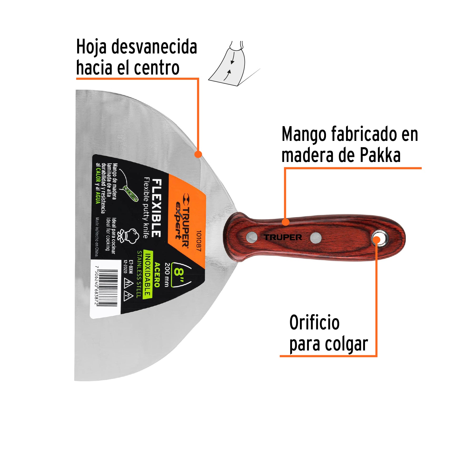 Espátula 8" acero inoxidable con mango de madera, EXPERT