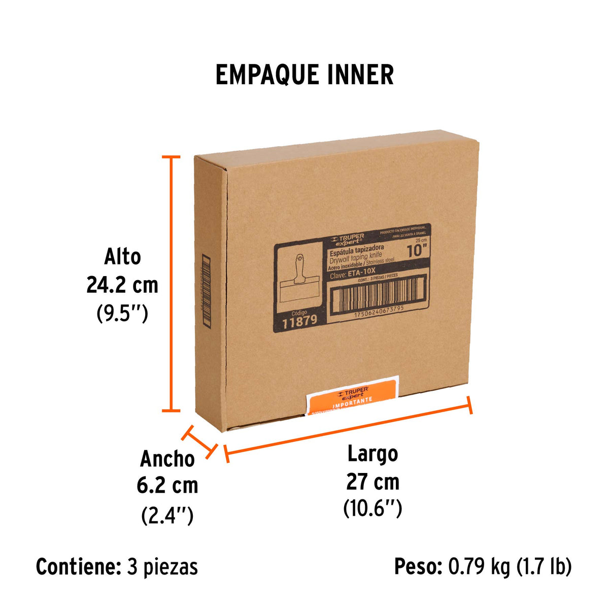 Espátula tapizadora de 10" acero inoxidable, TRUPER EXPERT - Empaque