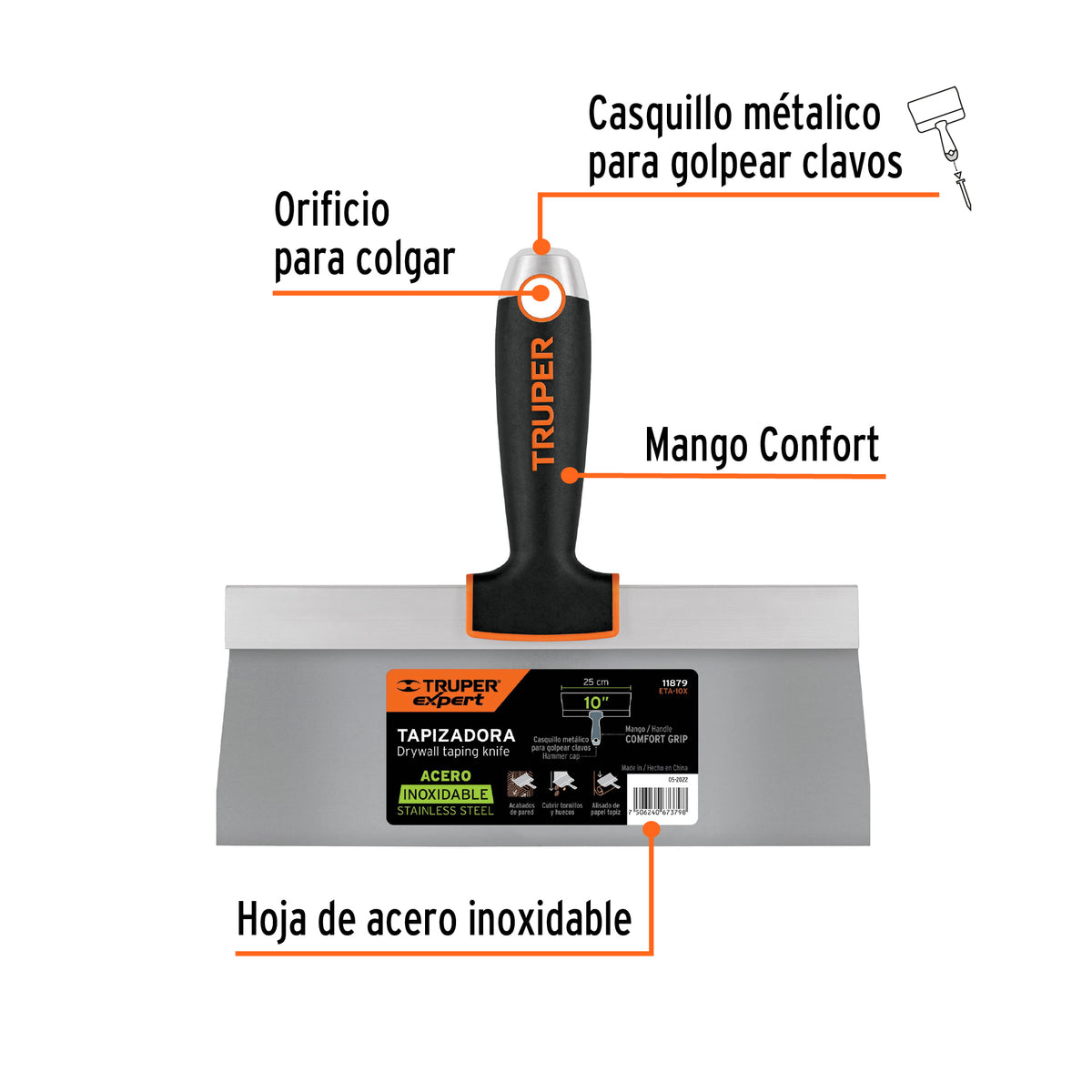 Espátula tapizadora de 10" acero inoxidable, TRUPER EXPERT
