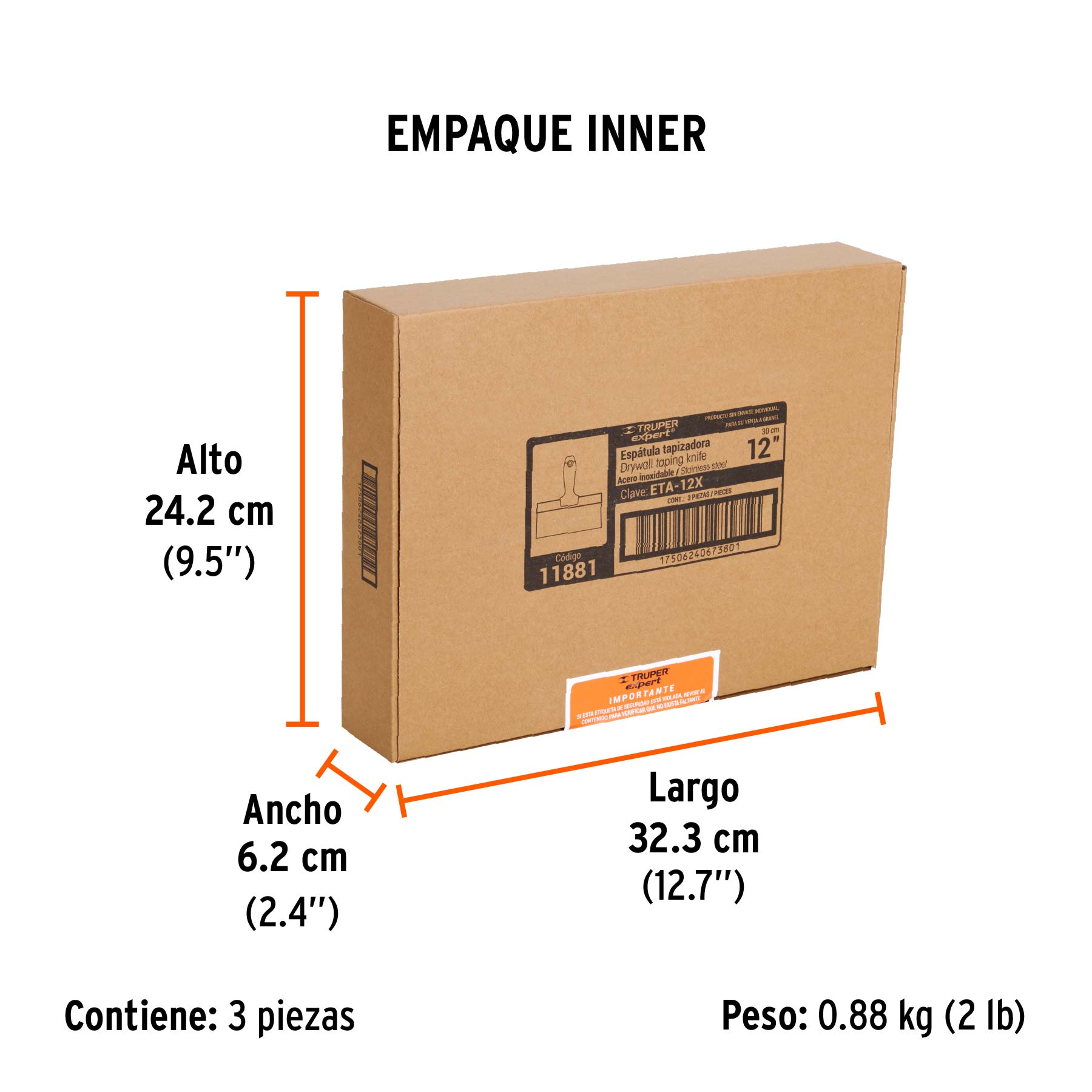 Espátula tapizadora de 12" acero inoxidable, TRUPER EXPERT - Empaque