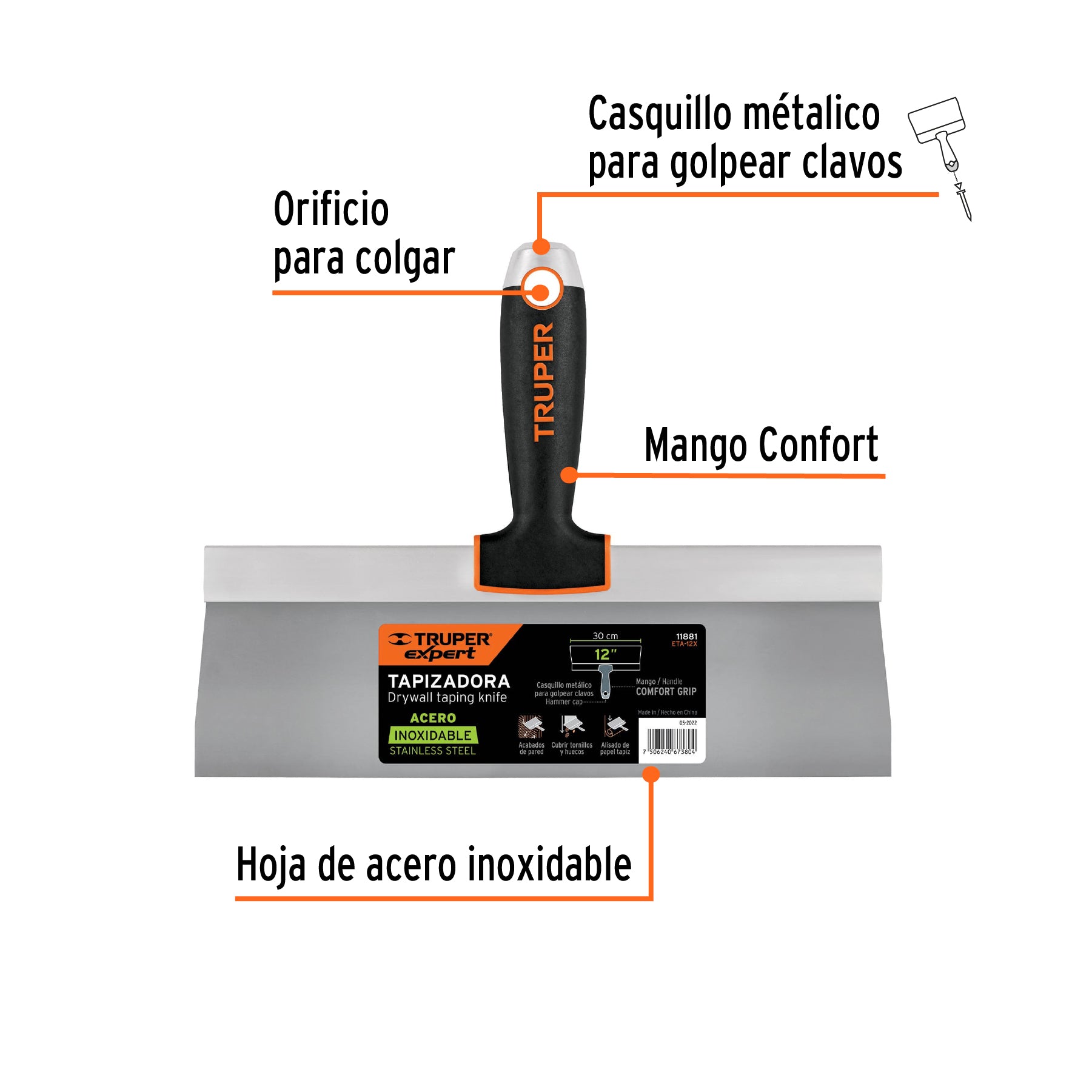 Espátula tapizadora de 12" acero inoxidable, TRUPER EXPERT