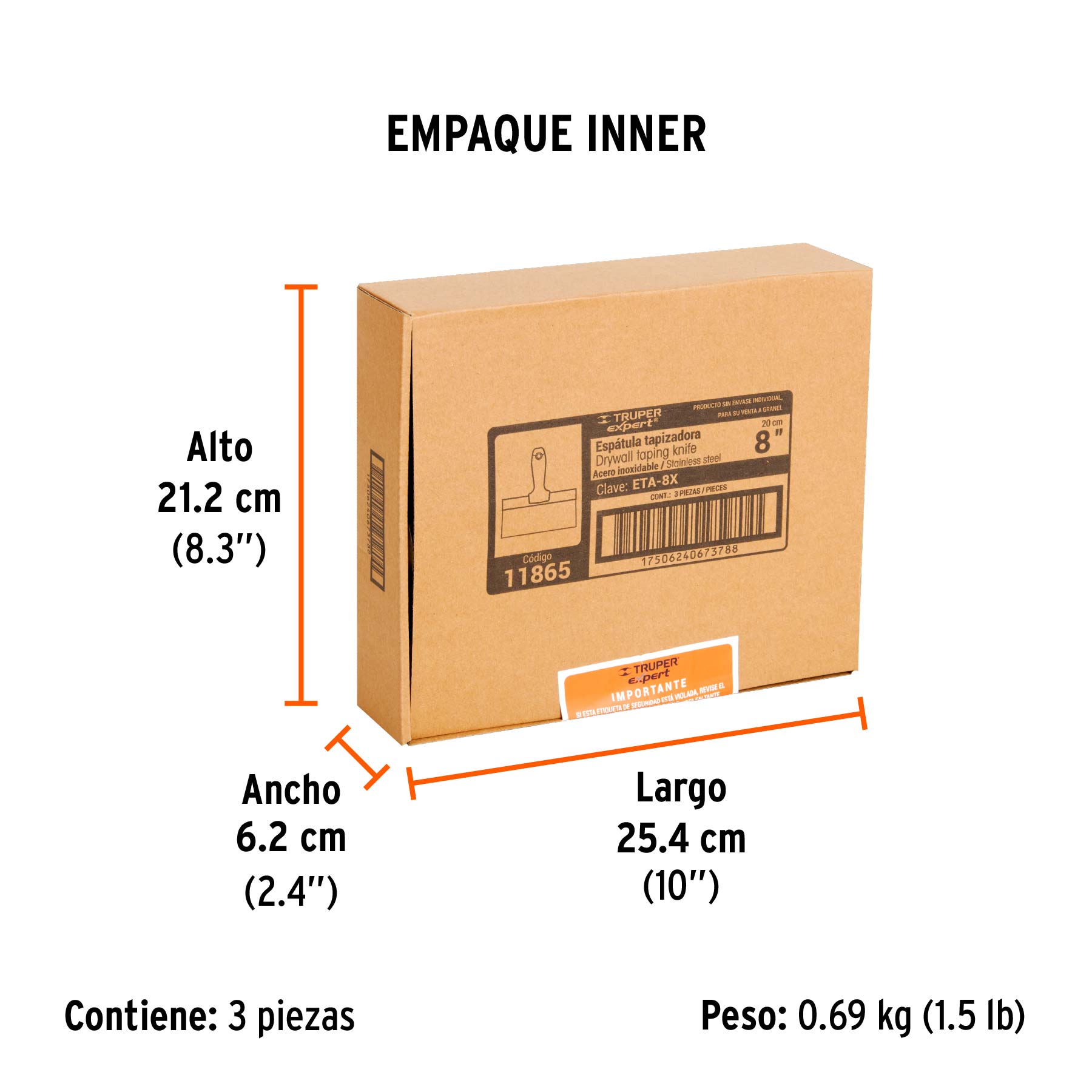Espátula tapizadora de 8" acero inoxidable, TRUPER EXPERT - Empaque