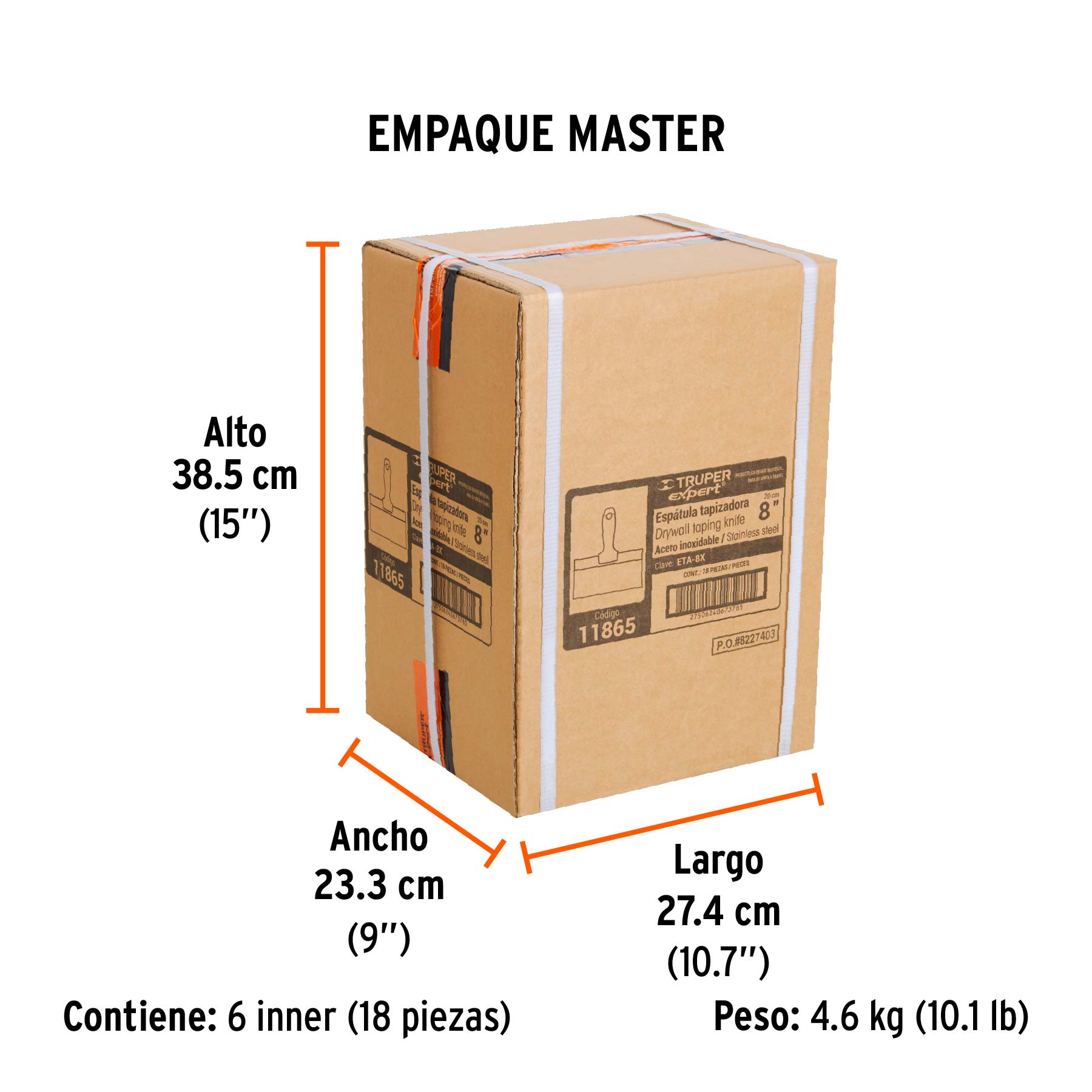 Espátula tapizadora de 8" acero inoxidable, TRUPER EXPERT - Empaque