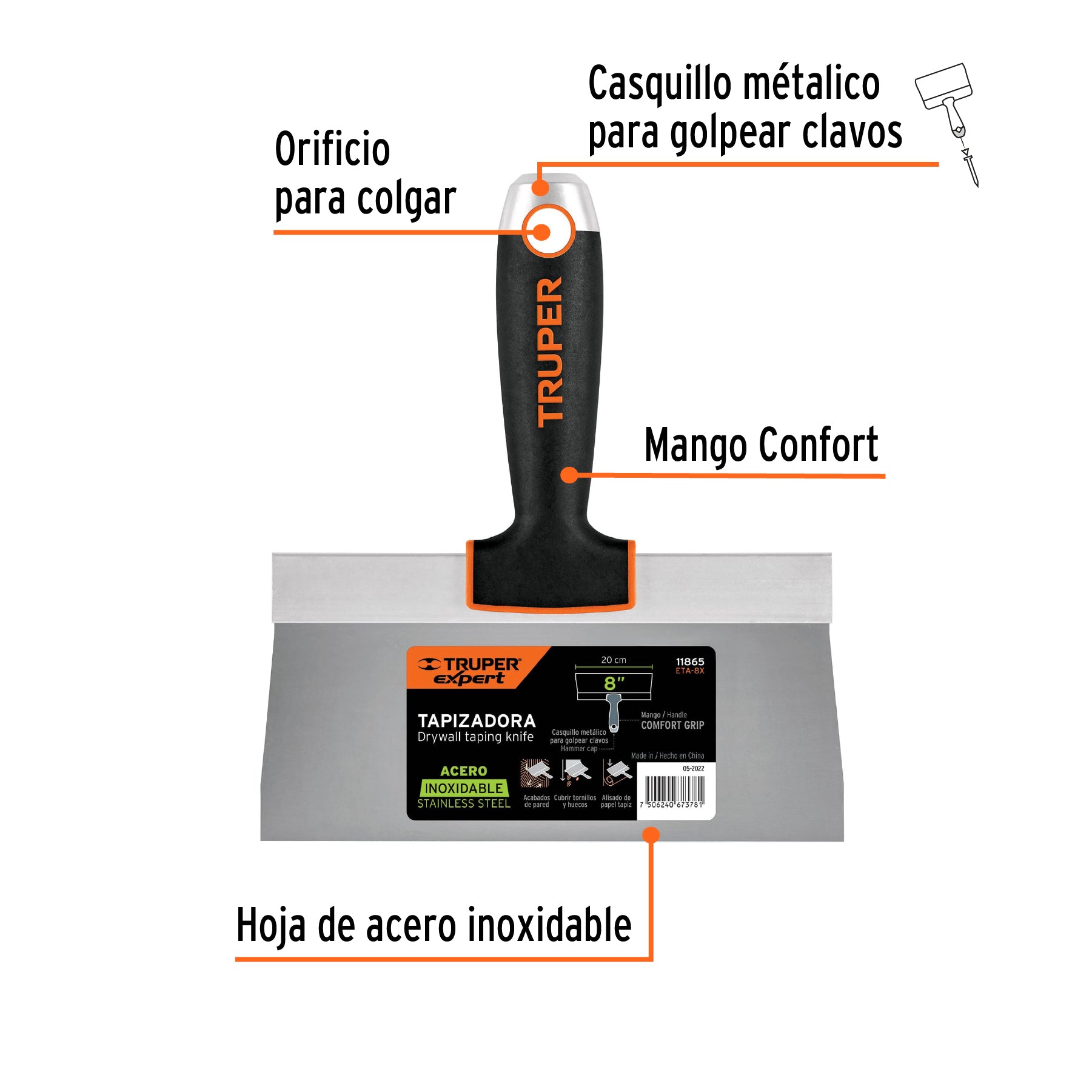 Espátula tapizadora de 8" acero inoxidable, TRUPER EXPERT
