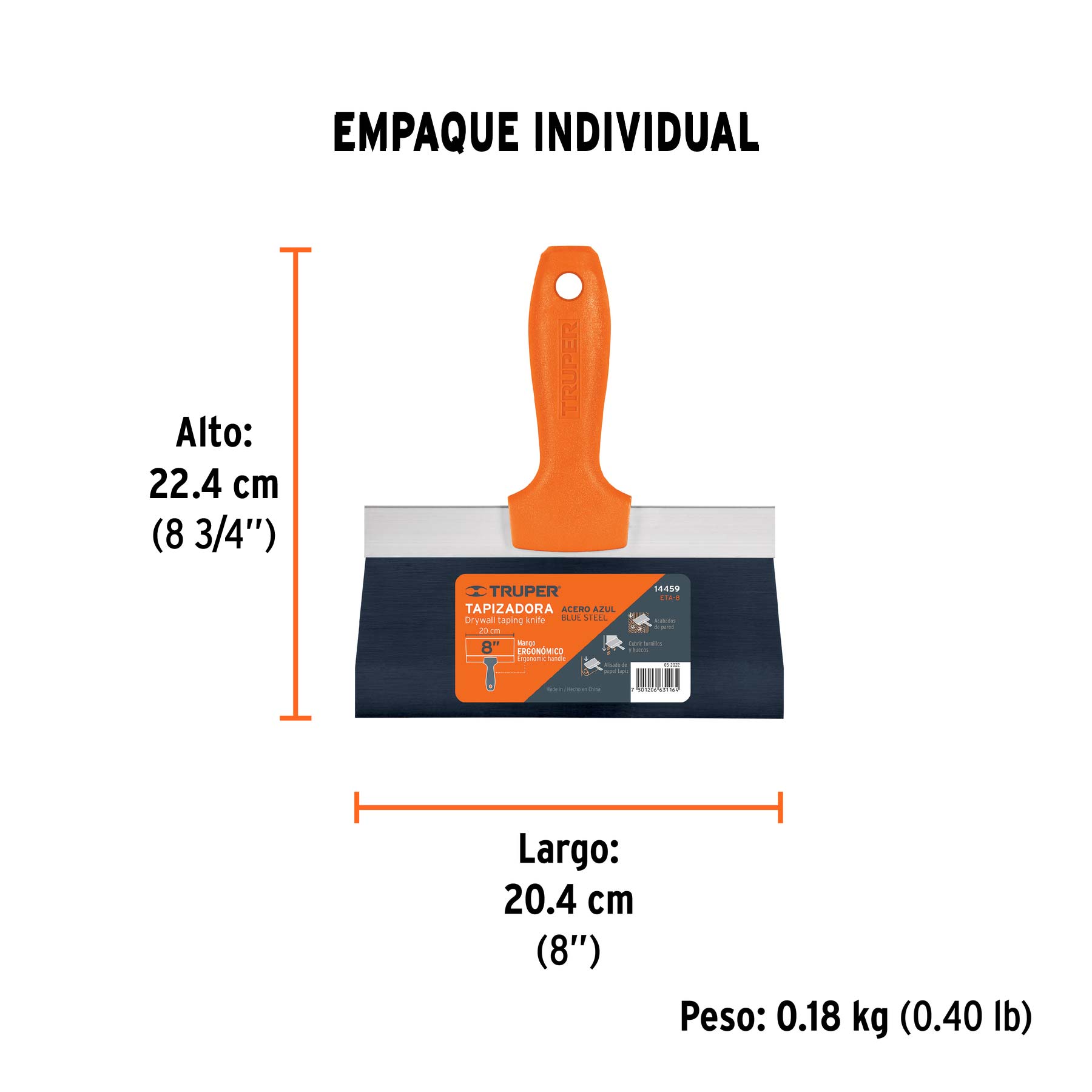 Espátula tapizadora de 8" acero al medio carbono, TRUPER - Empaque