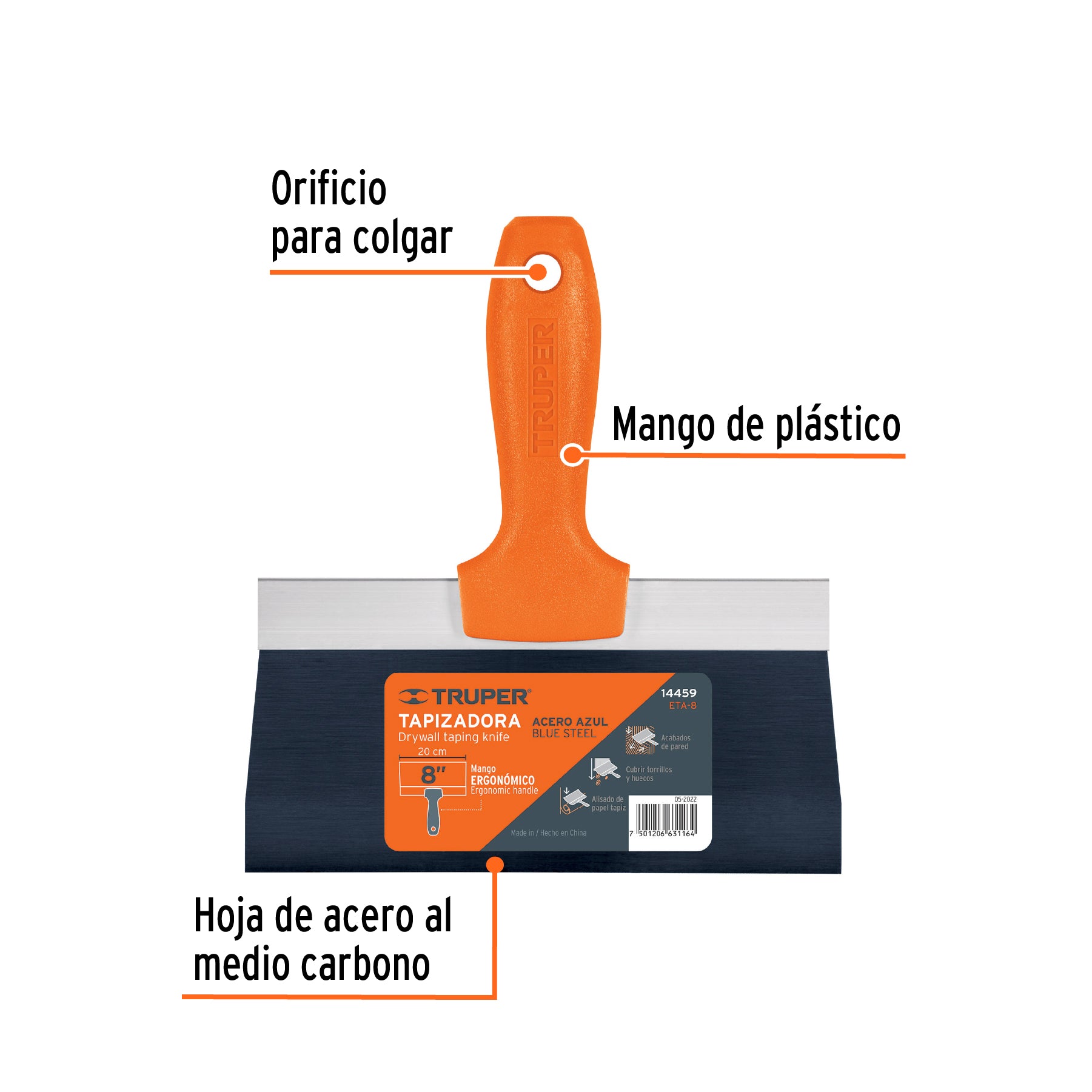 Espátula tapizadora de 8" acero al medio carbono, TRUPER