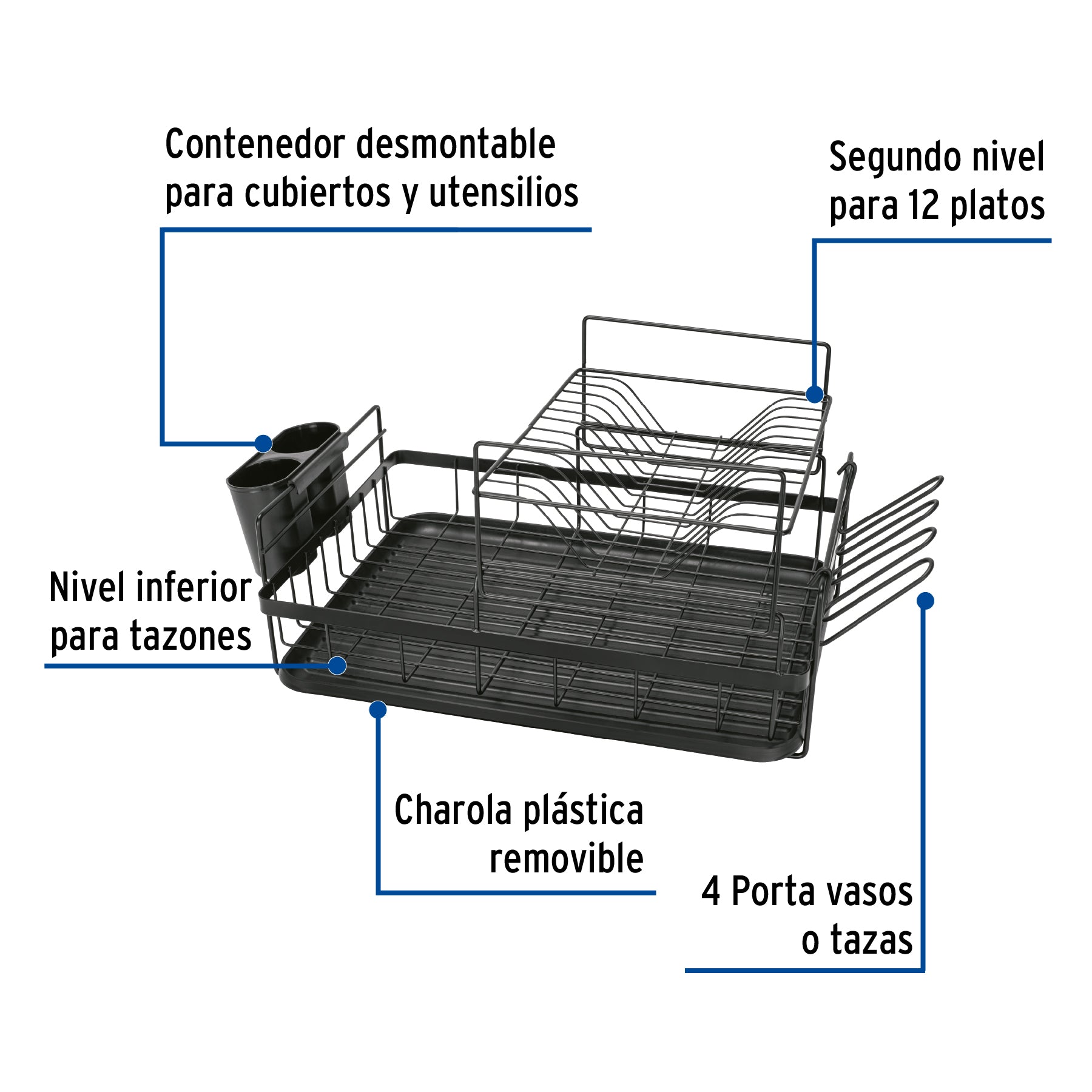 Escurridor negro de acero con 2 niveles para trastes, grande