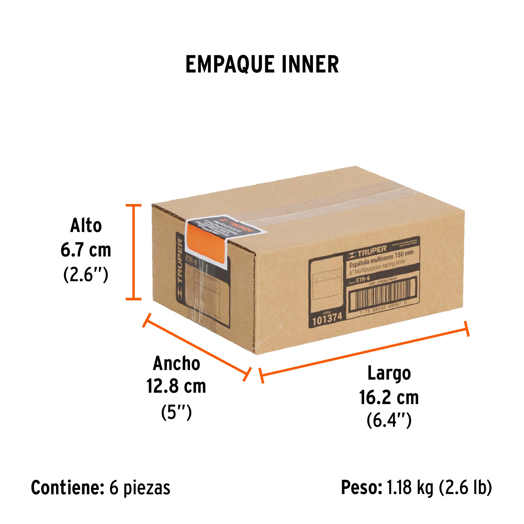 Espátula rectangular 6" x 3" acero inoxidable, mango madera - Empaque