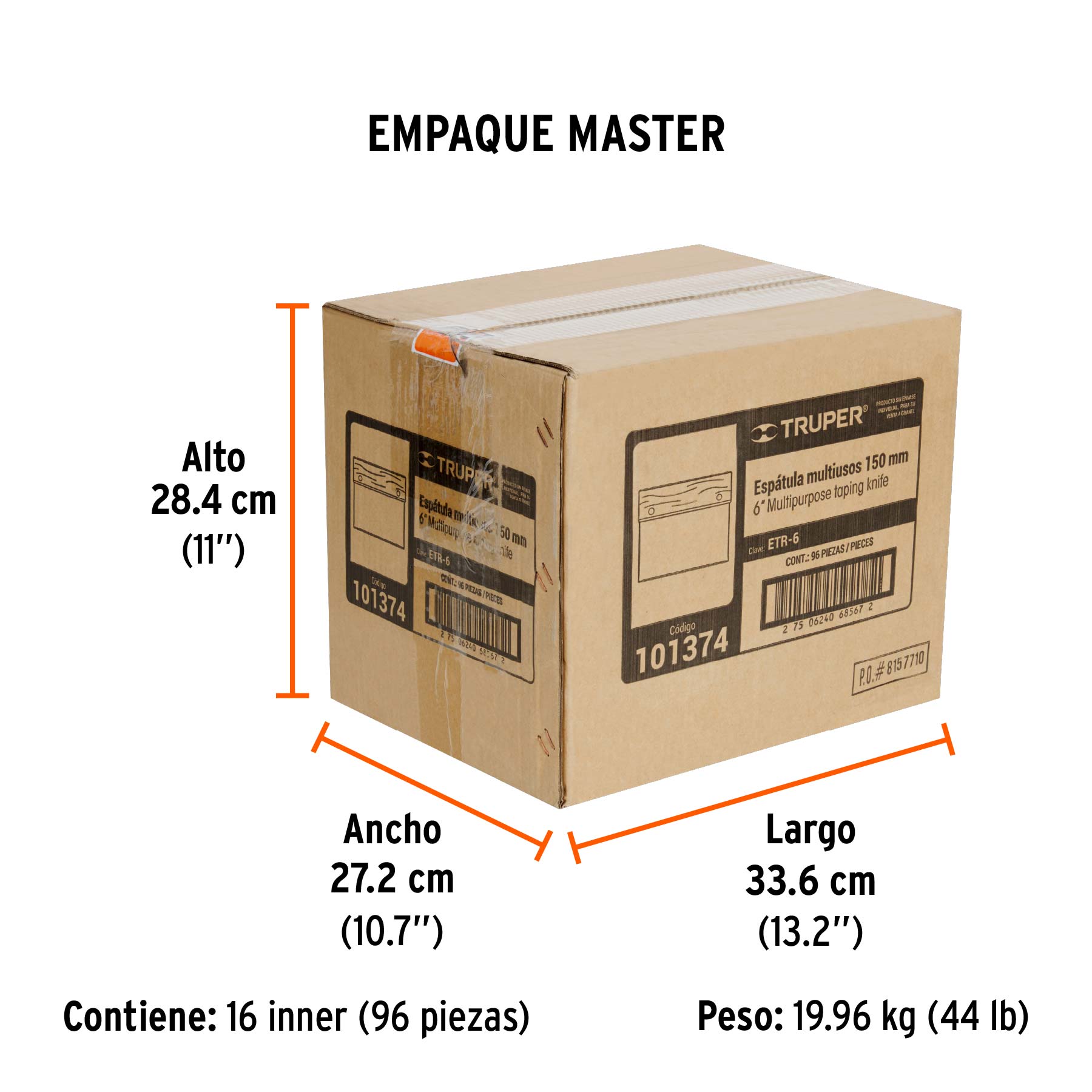 Espátula rectangular 6" x 3" acero inoxidable, mango madera - Empaque